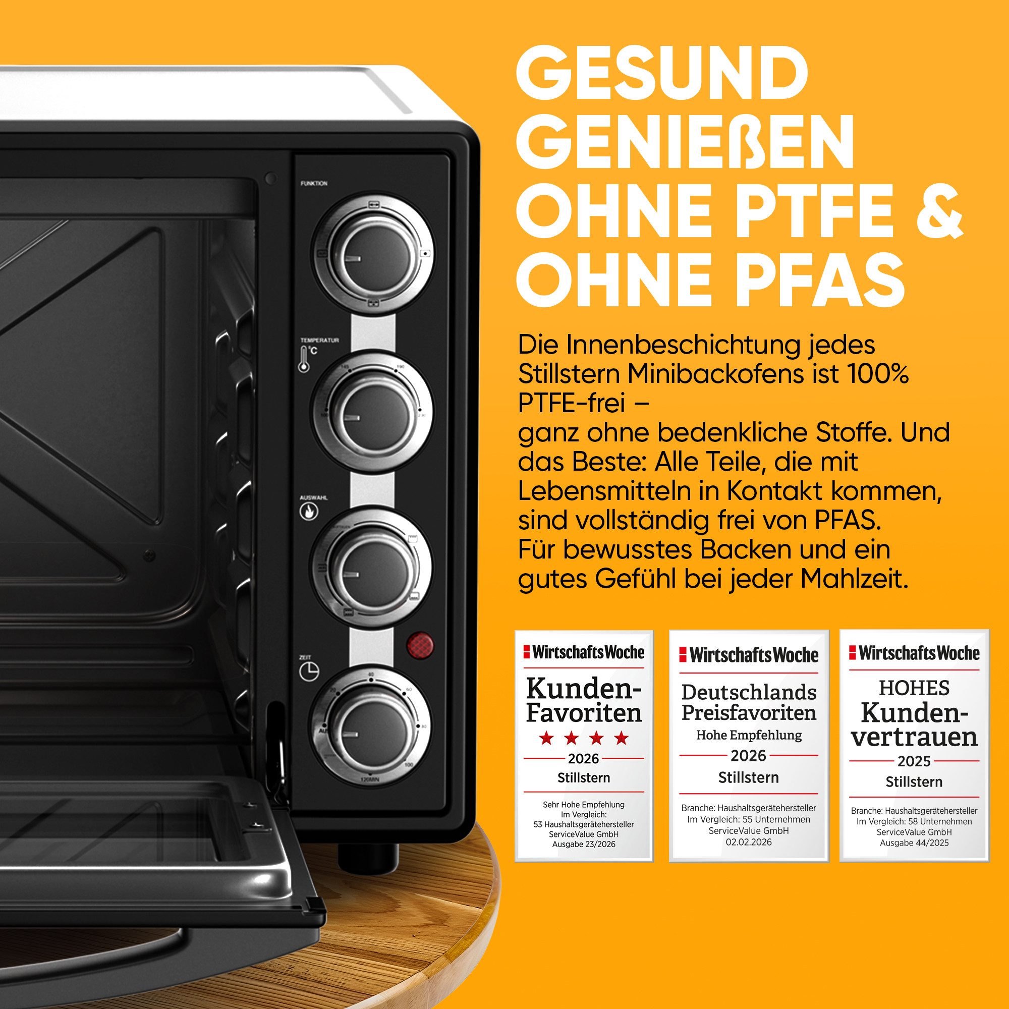 Stillstern Minibackofen MB45-LED 2G (45L) Deutsche Version, Ofenhandschuhe, Rezeptheft, Drehspieß, Timer, Innenbeleuchtung