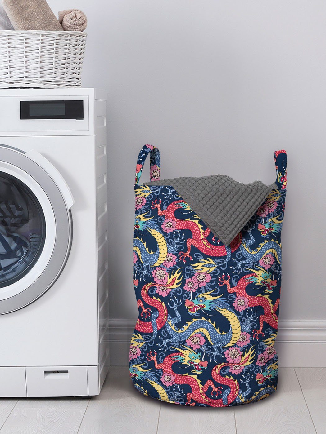 Abakuhaus Verzierte Blumen Wäschesäckchen für Wäschekorb Waschsalons, mit Kordelzugverschluss Griffen Drachen Highly
