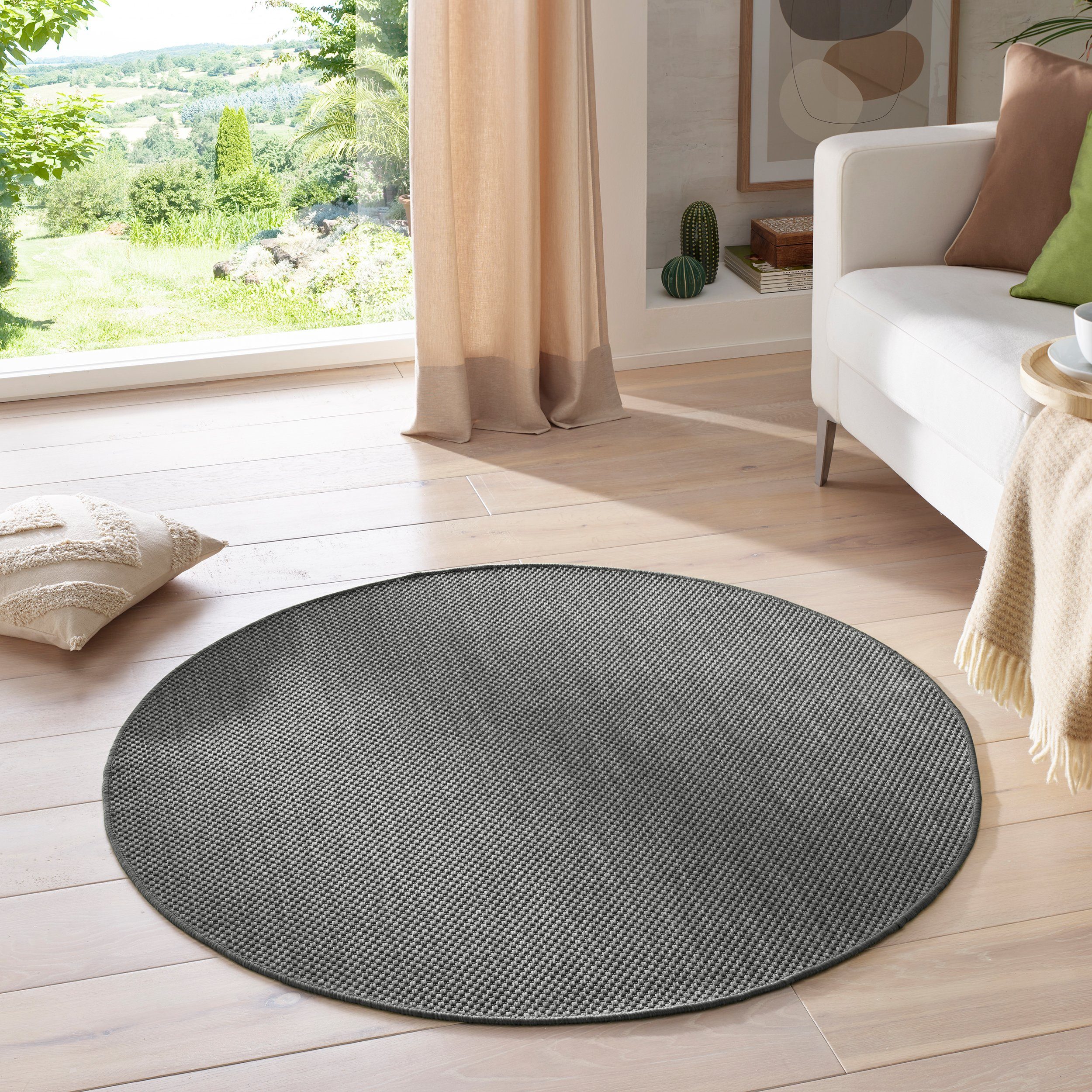 TaCa Home Teppich Outdoor & Indoor Teppich, rund, Höhe: 7 mm, Terrasse Balkon Garten Wohnzimmer Bad Küche, Anthrazit - 120 cm rund