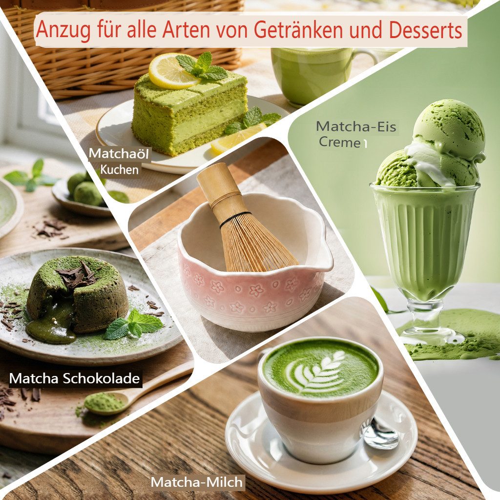 VONATES Teeservice 9tlg. Matcha Set mit Matcha-Schale, Bambus-Besener & Halter, Sieb, Löffel, Tuch, Eisform, aus Bambus und Keramik für Teezeremonie – Bild 3 von 5