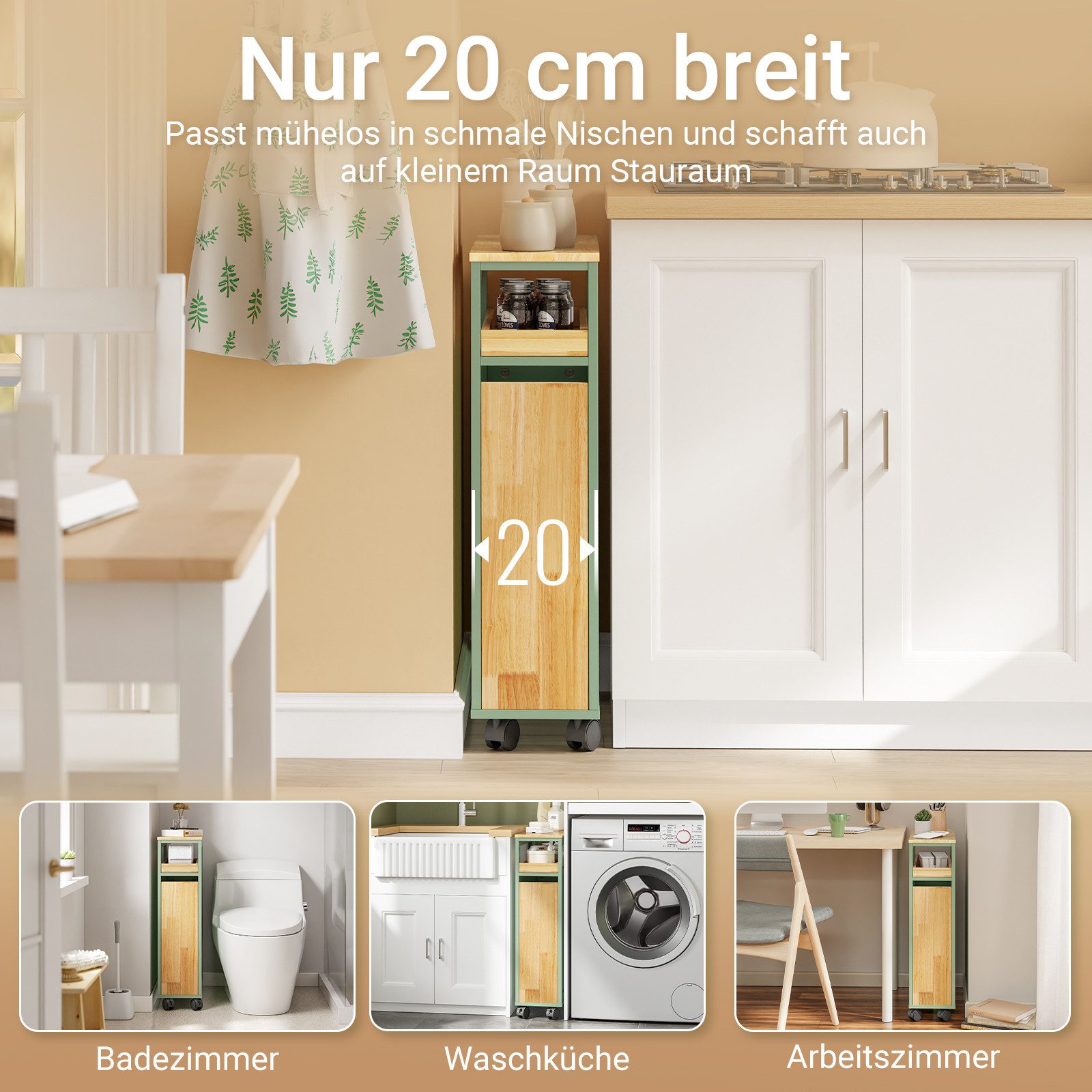SoBuy Servierwagen NSR14, Nischenwagen Schmal 20cm, Rollwagen mit 2 Schubladen, (1er Set), Rollcontainer mit Schiebetür und Bremssystem für Küche und Badezimmer