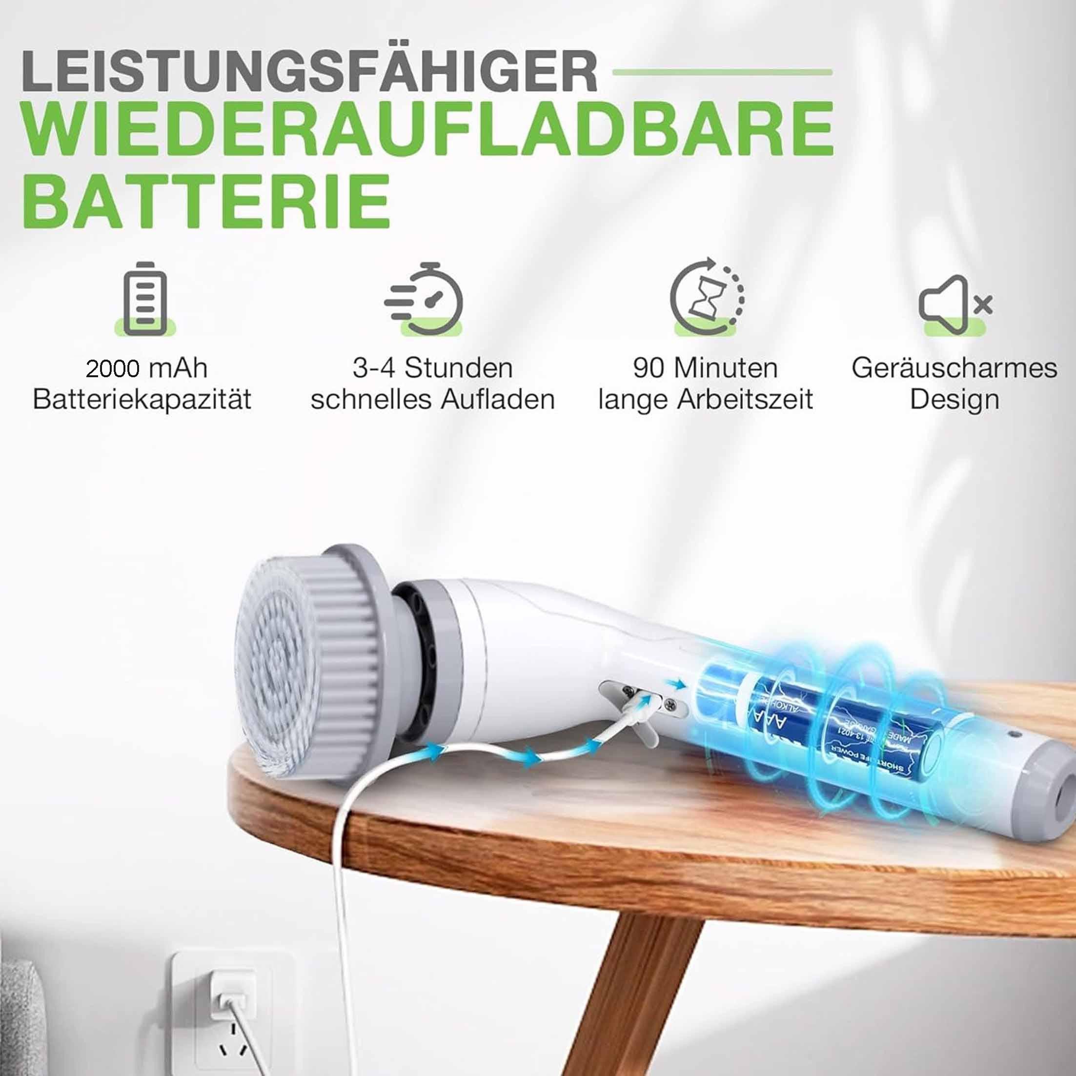 KINSI Elektro-Oberflächenbürste Elektrische Reinigungsbürste mit Teleskopstange und 6 Bürstenköpfen, Einziehbares Design, Zwei einstellbare Leistungsstufen