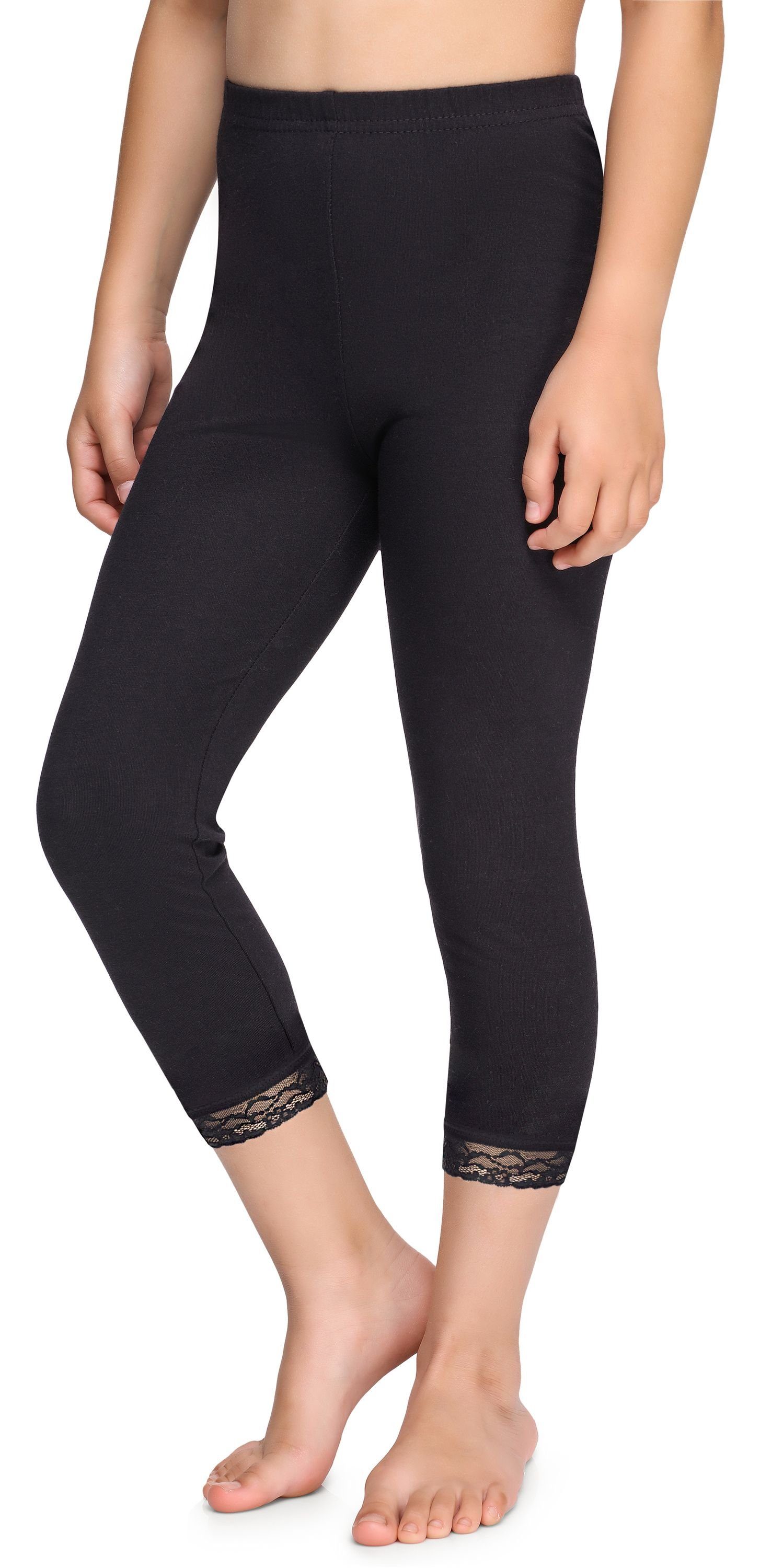 Baumwolle aus Style Merry Schwarz elastischer Leggings (1-tlg) Spitze MS10-228 3/4 mit Leggings Bund Mädchen Capri