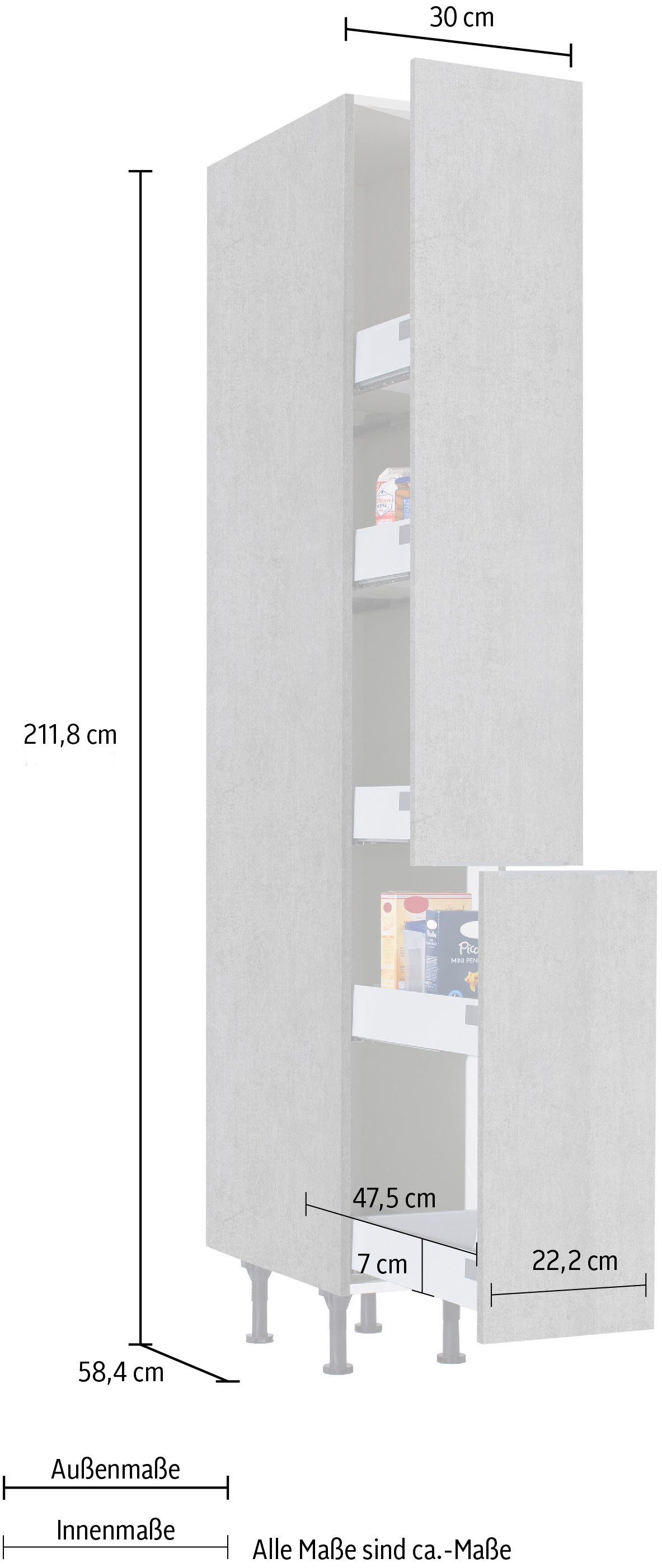 cm Soft-Close-Funktion, betonfarben Ablagen, Apothekerschrank | 5 OPTIFIT Tara 2 betonfarben Vollauszügen und 30 mit Breite