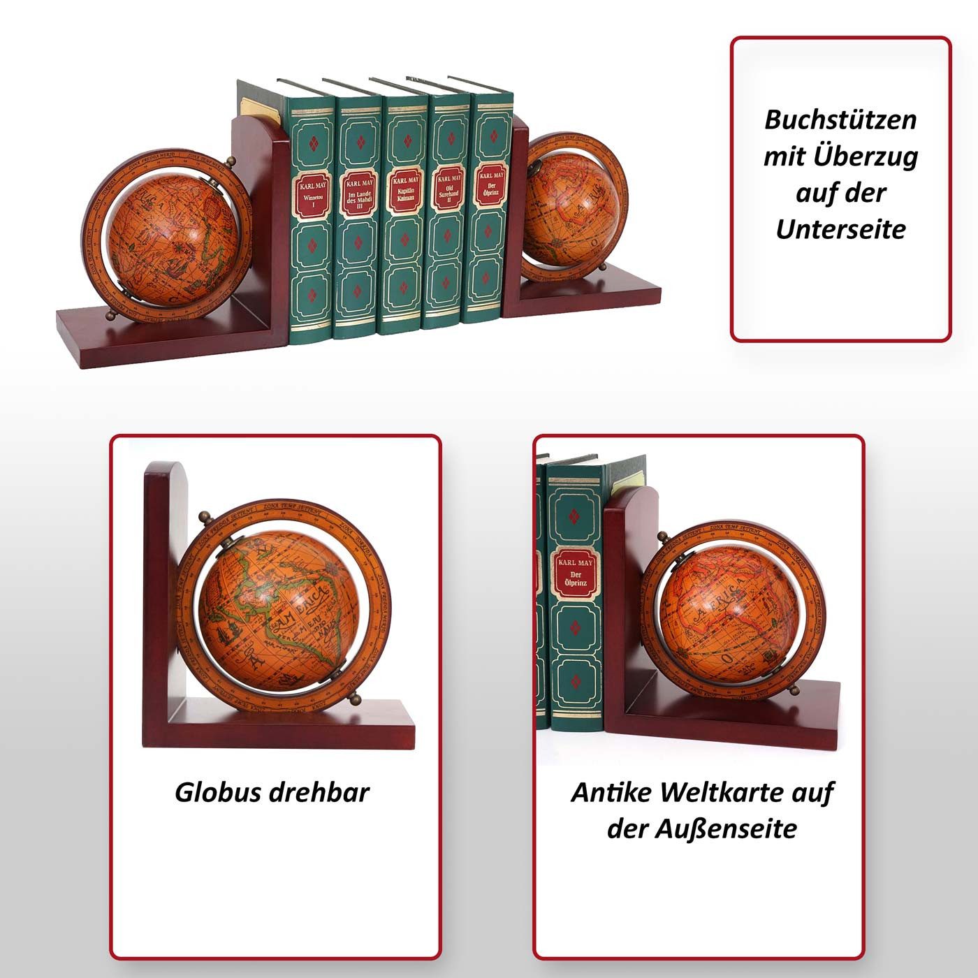 MCW Buchstütze MCW-B79 (Set, 2er), Globus drehbar 2x Buchstütze, Unterseite mit Überzug, antike Weltkarte