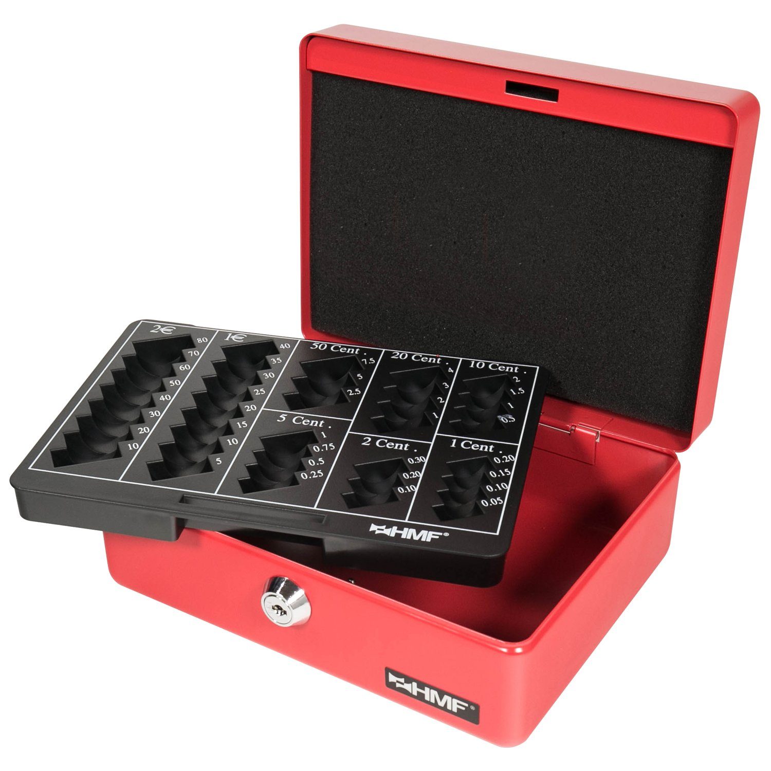 HMF Geldkassette Abschließbare Bargeldkasse mit Schlüssel, rot 20x16x9 Geldbox mit Münzzählbrett, cm robuste