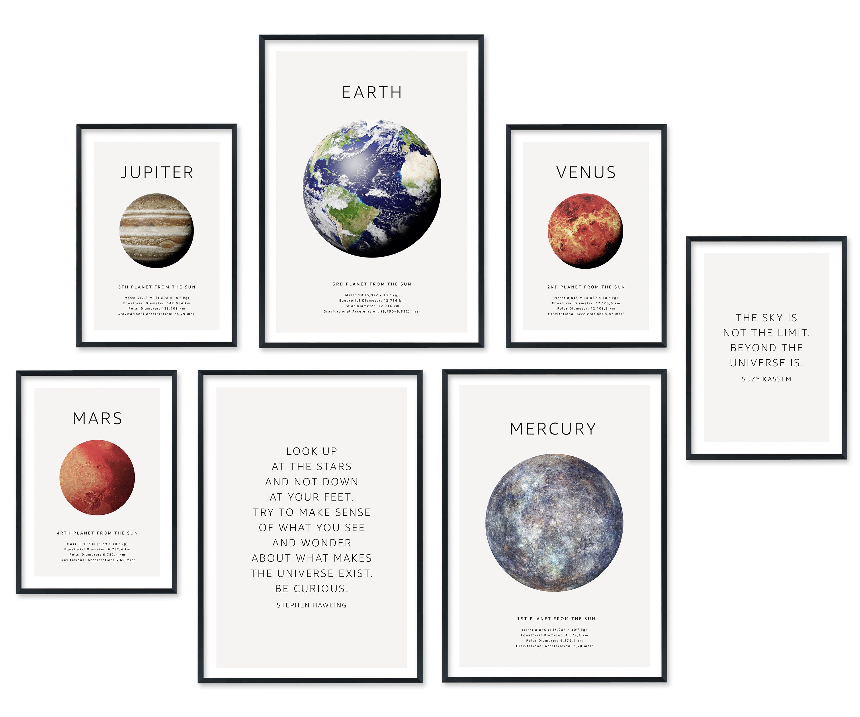 Hyggelig Home Poster Planeten, Premium Poster Set OHNE & MIT Rahmen, 7 Wandbilder Erde Mars, Weltraum (Set, 7 St), Collage Sky Qualitätsdruck dickes Papier knickfrei