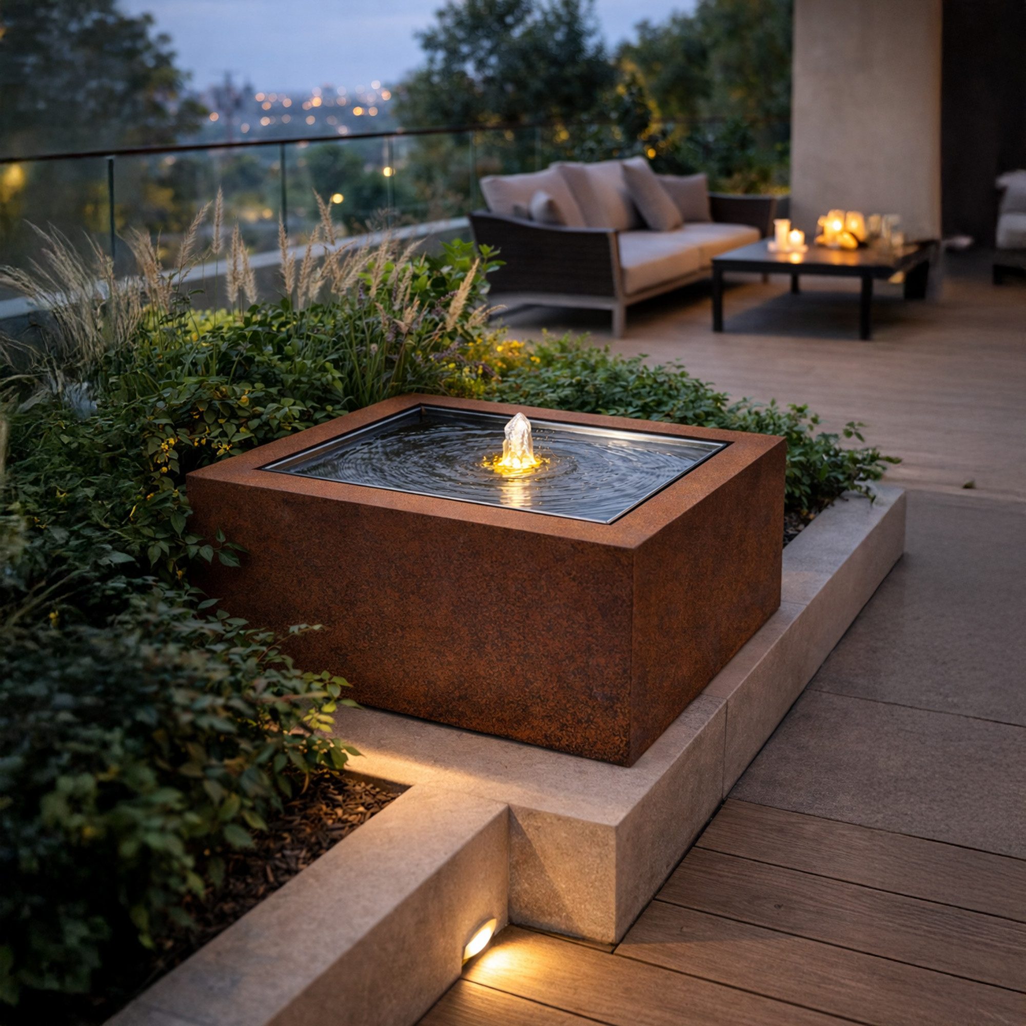 Köhko Gartenbrunnen Wasserspiel QUADRUM aus Cortenstahl mit LED