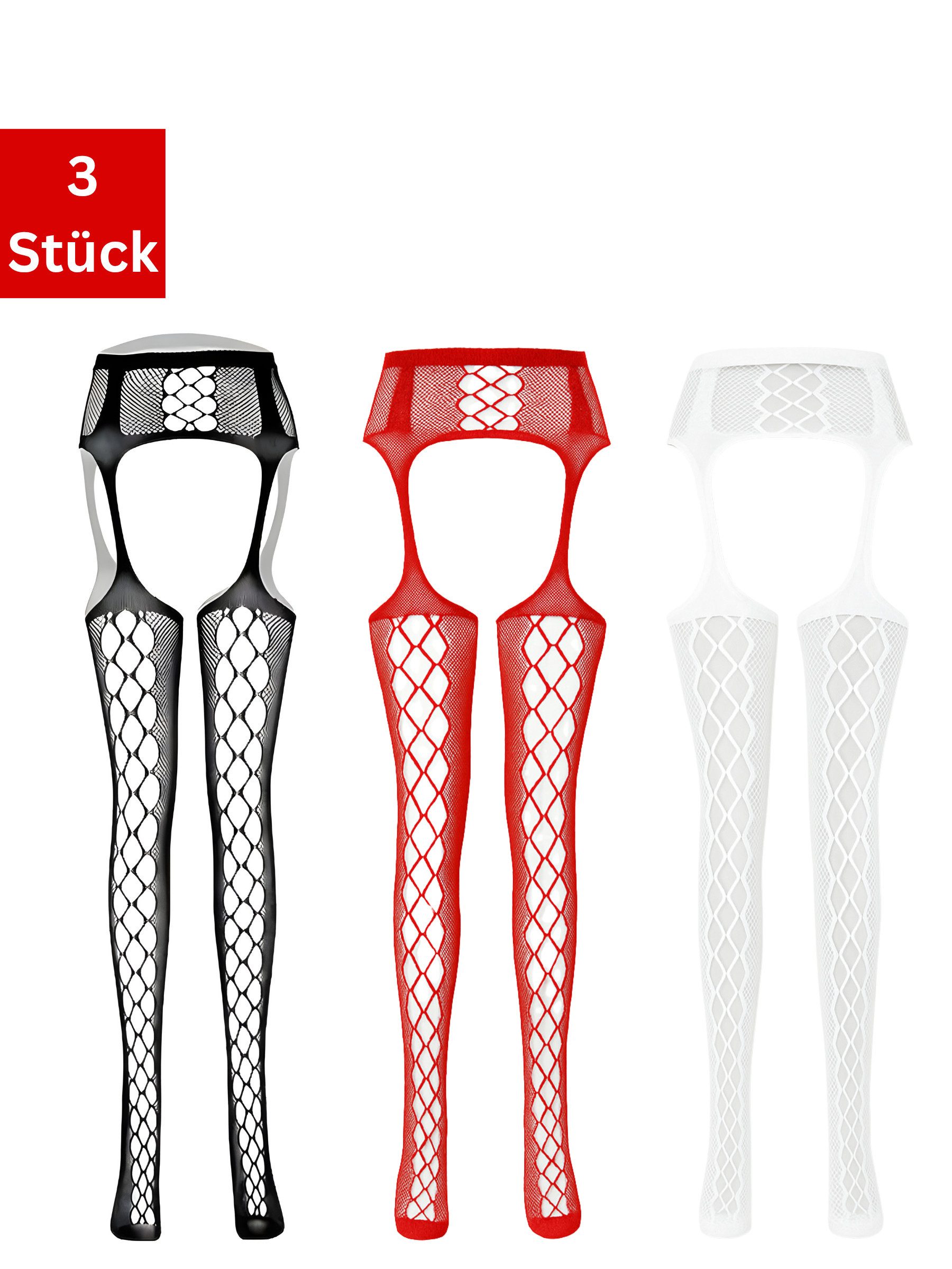 Elegant Love Ouvert Strumpfhose Halterlose Strapsstrümpfe – Sexy Netz-Stockings für Damen (Packung 3 St. 3er-Pack) Dessous & Netzstrümpfen – Reizwäsche mit offenem Schritt (S–XL)