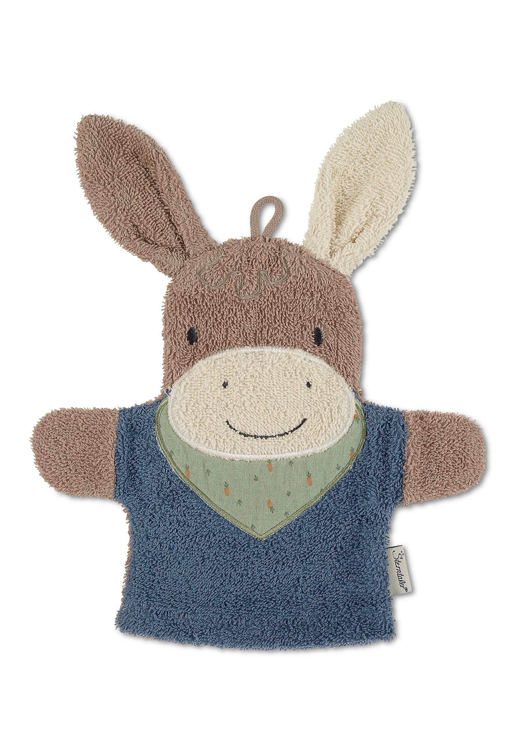 Sterntaler® Waschhandschuh Waschhandschuh ESEL Emmilius, Frottee (1-St), 2in1 Waschhandschuh & Handpuppe Esel aus Frottee – großer Waschspaß!