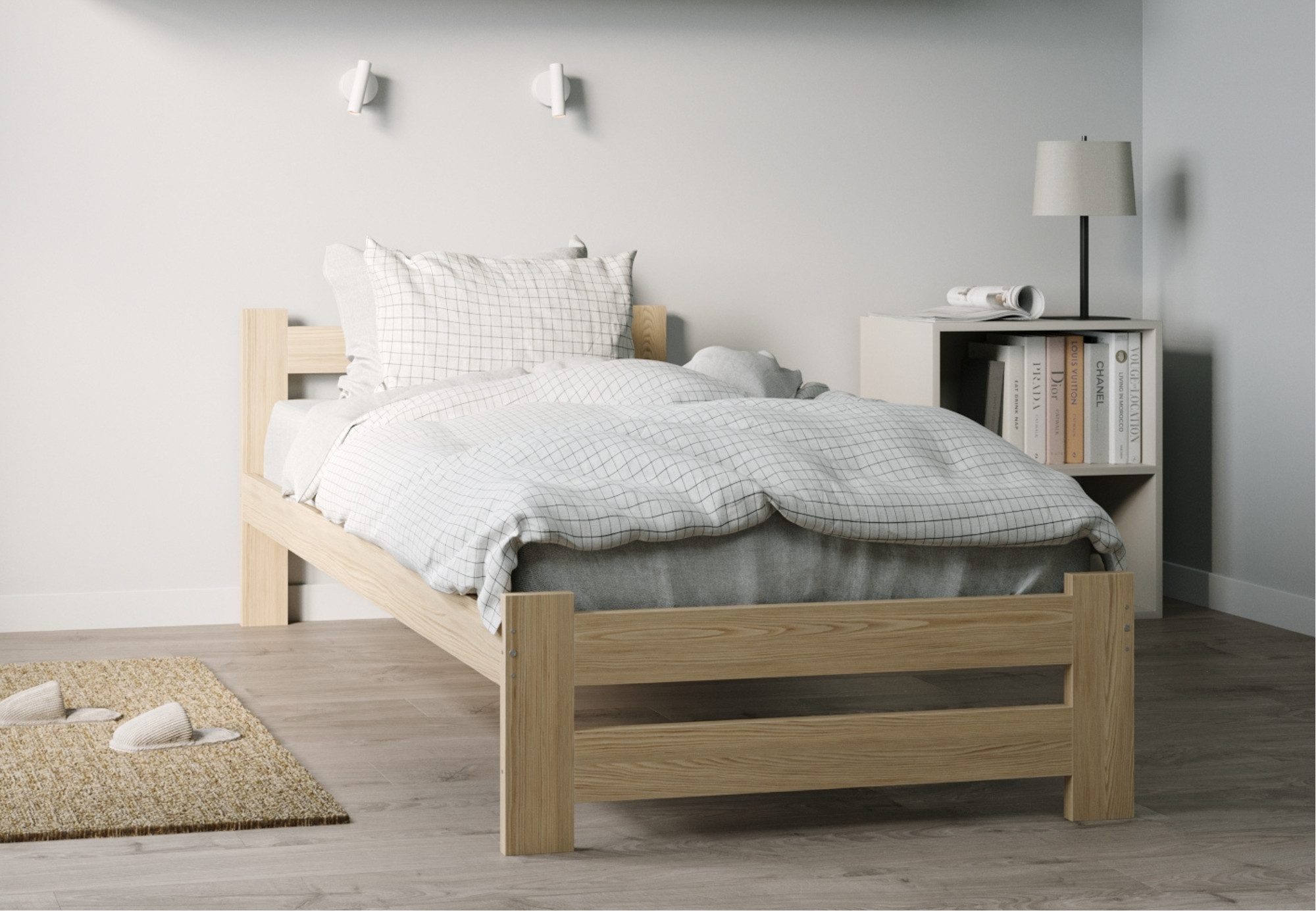 Home Collective Holzbett mit Lattenrost Modern Bett Kiefer Bettgestell Massivholzbett Klassisch (90x200, 120x200, 140x200, 160x200 cm), Einzelbett, Skandi Boho Landhaus Kopfteil mittel 100x200 cm natur