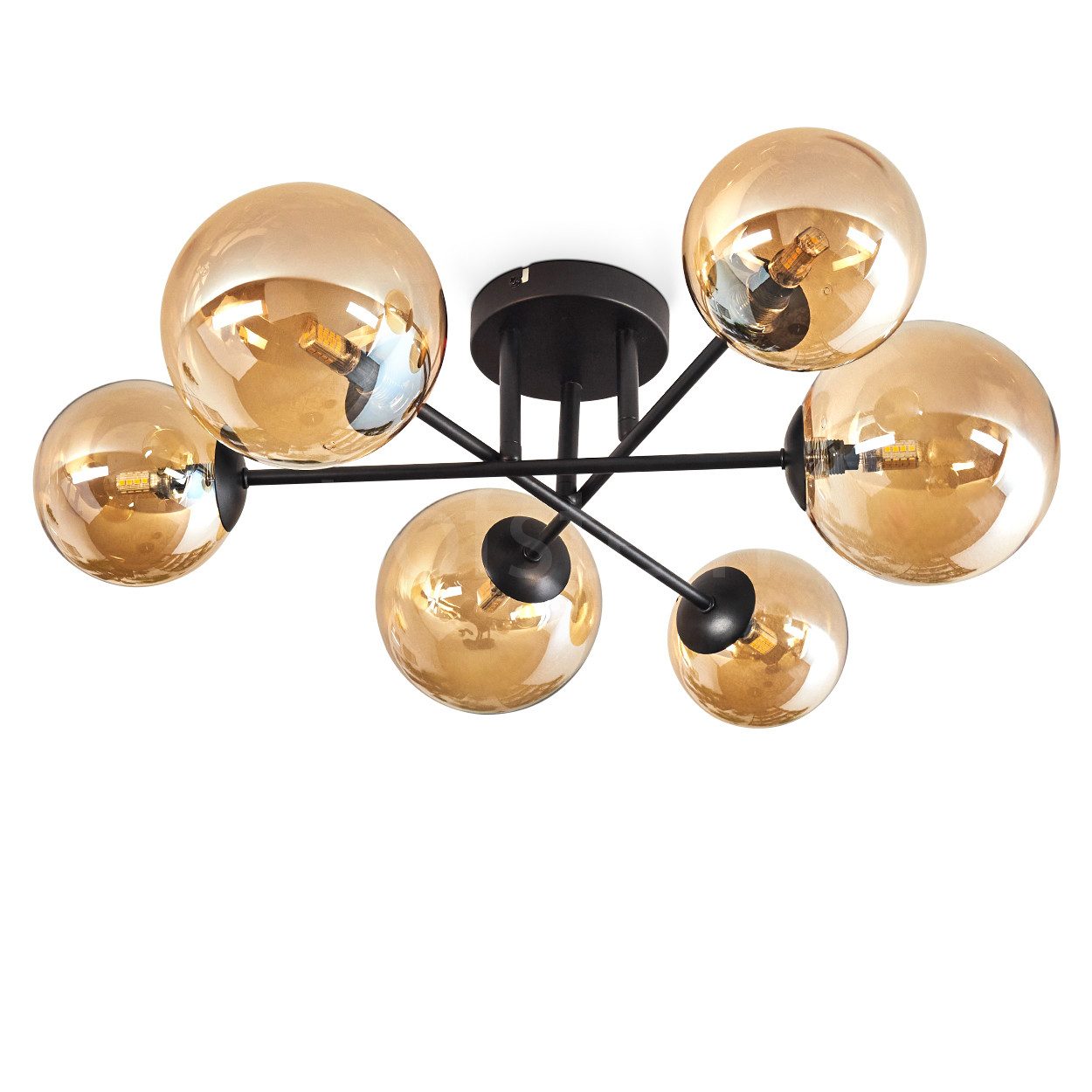 hofstein Deckenleuchte Deckenlampe aus Metall/Glas in Schwarz/Bernstein, ohne Leuchtmittel, Leuchte mit Glasschirmen (12 cm, 15 cm), 6 x G9, ohne Leuchtmittel