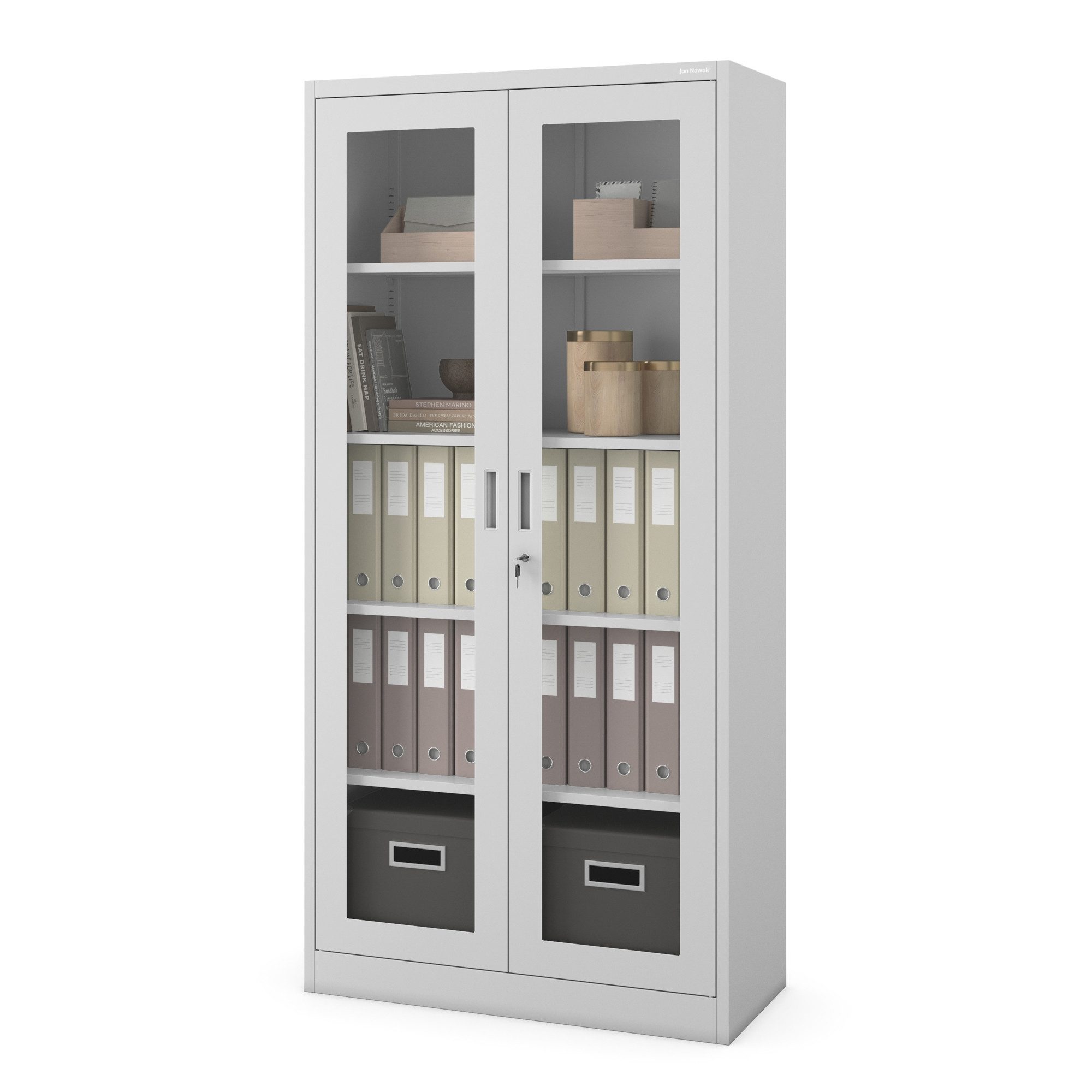 Jan Nowak Vitrine Metall Vitrinenschrank abschließbar 90 cm AMELIA Glasscheiben (Büroschrank Aktenschrank Büro Kanzlei Praxis Sozialraum, Stahl 0,6 mm 185 x 90 x 45 cm Wandmontage 50 Ordner robust) Schloss 2 Schlüssel 4 Böden langlebig 9 Farben