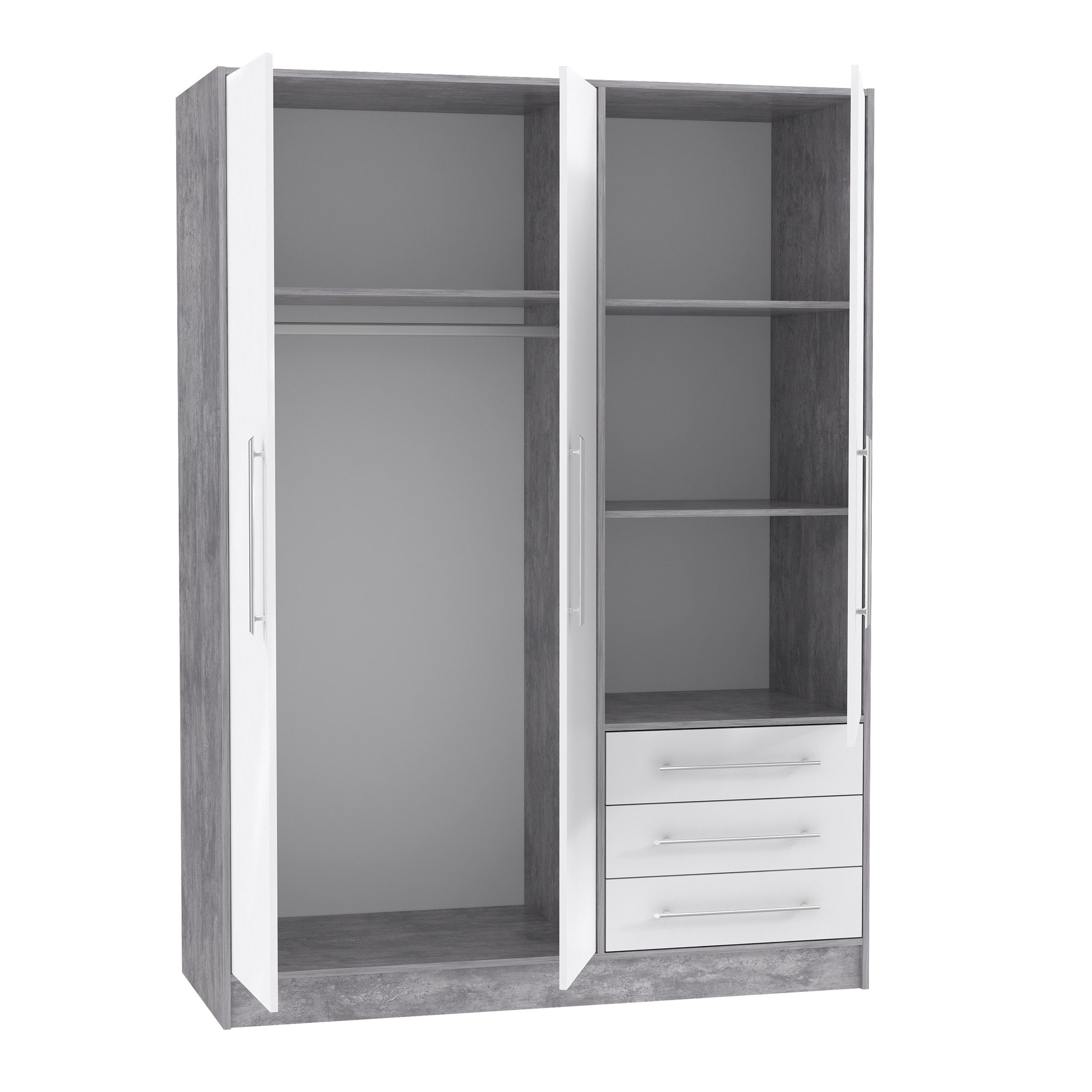 freiraum Drehtürenschrank JUPITER 3 Türen, 3 Schübe, Betonoptik / Weiss - 144,6x200x60 (BxHxT)