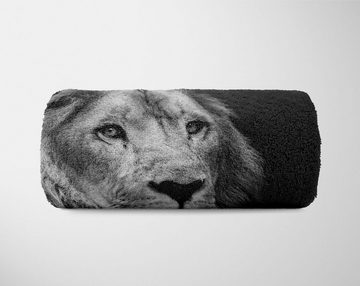 Sinus Art Handtücher Handtuch Strandhandtuch Saunatuch Kuscheldecke mit Tiermotiv Löwe Schwarz Weiß, Baumwolle-Polyester-Mix (1-St), Handtuch