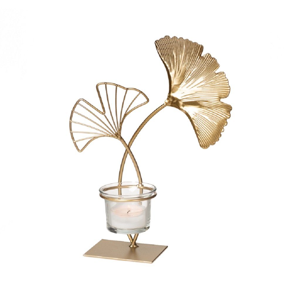 Parts4Living Teelichthalter Metall Kerzenhalter "Ginkgo" mit Glaseinsatz Kerzenständer gold 17,5x8x24 cm, im modernen Stil