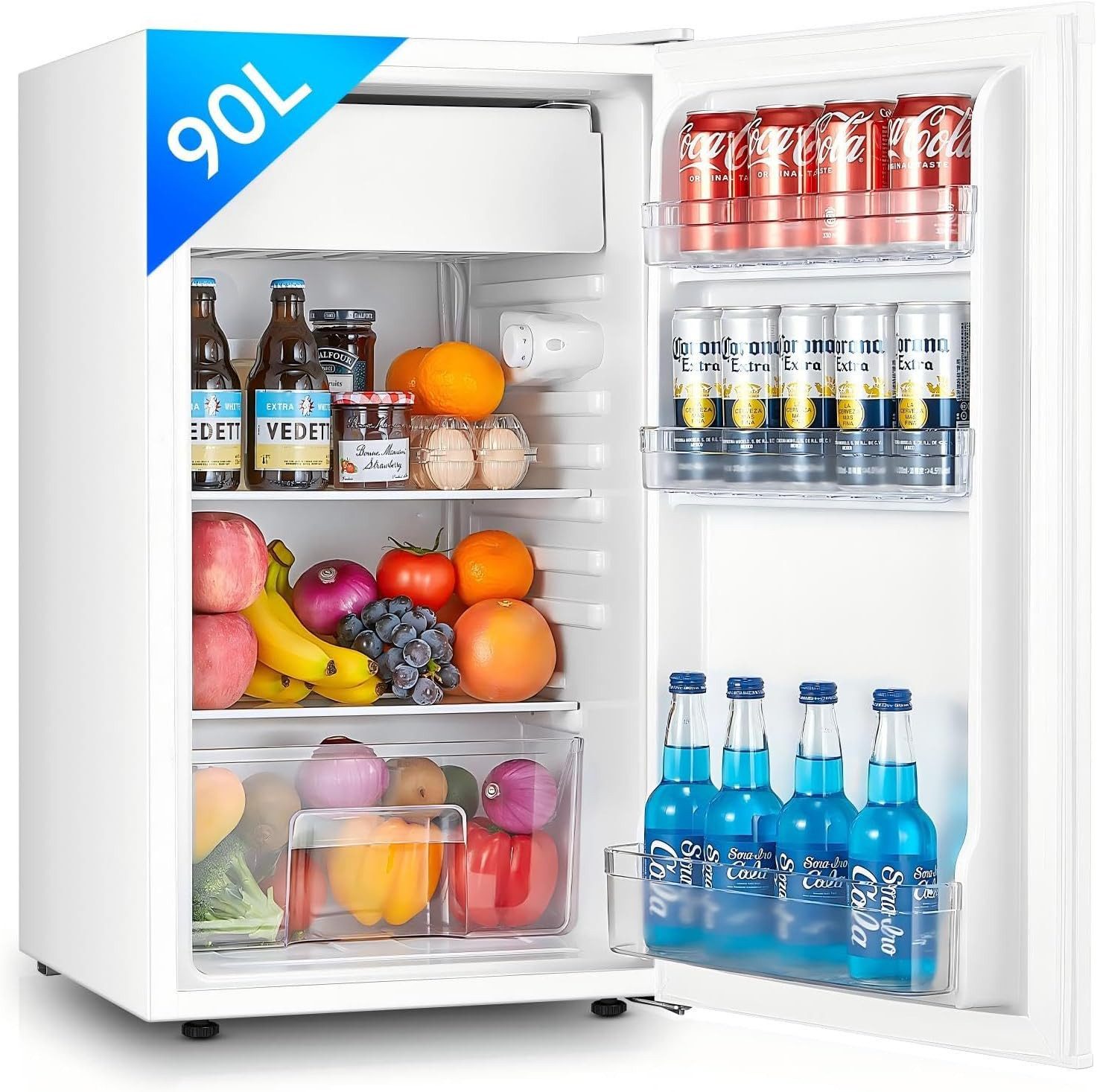 FOHERE Kühlschrank 90L, Kühl- und Gefrierfunktion, Gemüseschublade, 7 Einstellstufen BC-90, 43.5 cm hoch, 79 cm breit