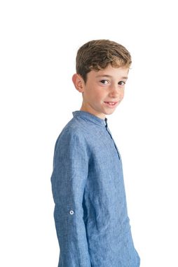 Zimt & Grün Leinenhemd Langarm-Hemd Kai mit Roll-up Ärmeln, Blau Regualr Langarm Mandarinkragen Uni