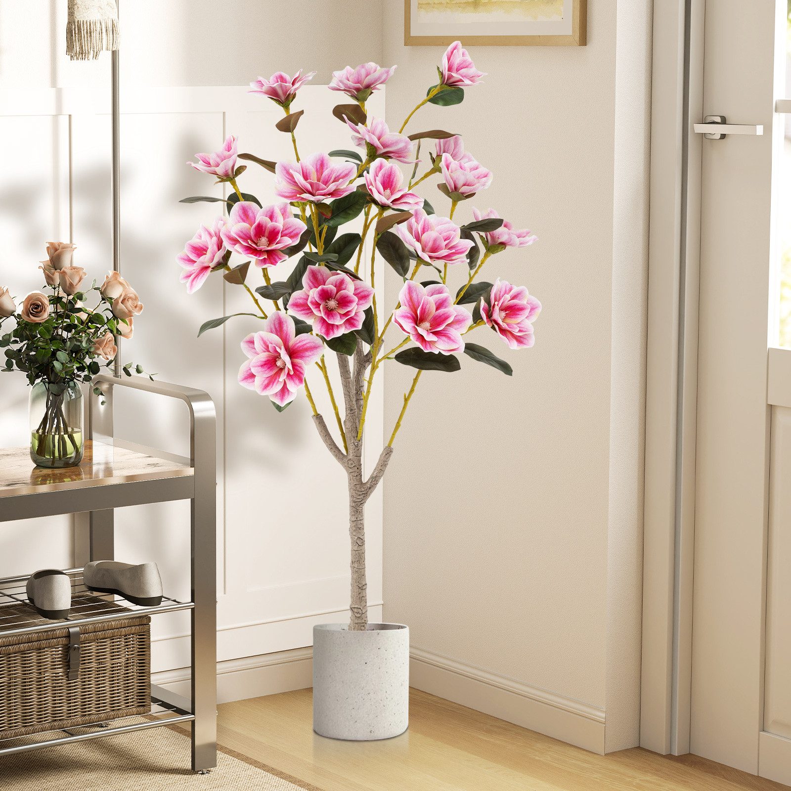Kunstbaum Magnolienbaum, COSTWAY, Höhe 130 cm, 90CM Kunstbaum mit Blüten, Künstlicher Magnolienbaum