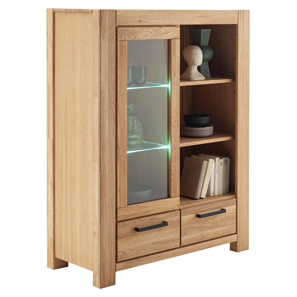 Lomadox Highboard SELISTE-06, Massivholzmöbel, Eiche teilmassiv geölt, 109cm breit, LED-Beleuchtung