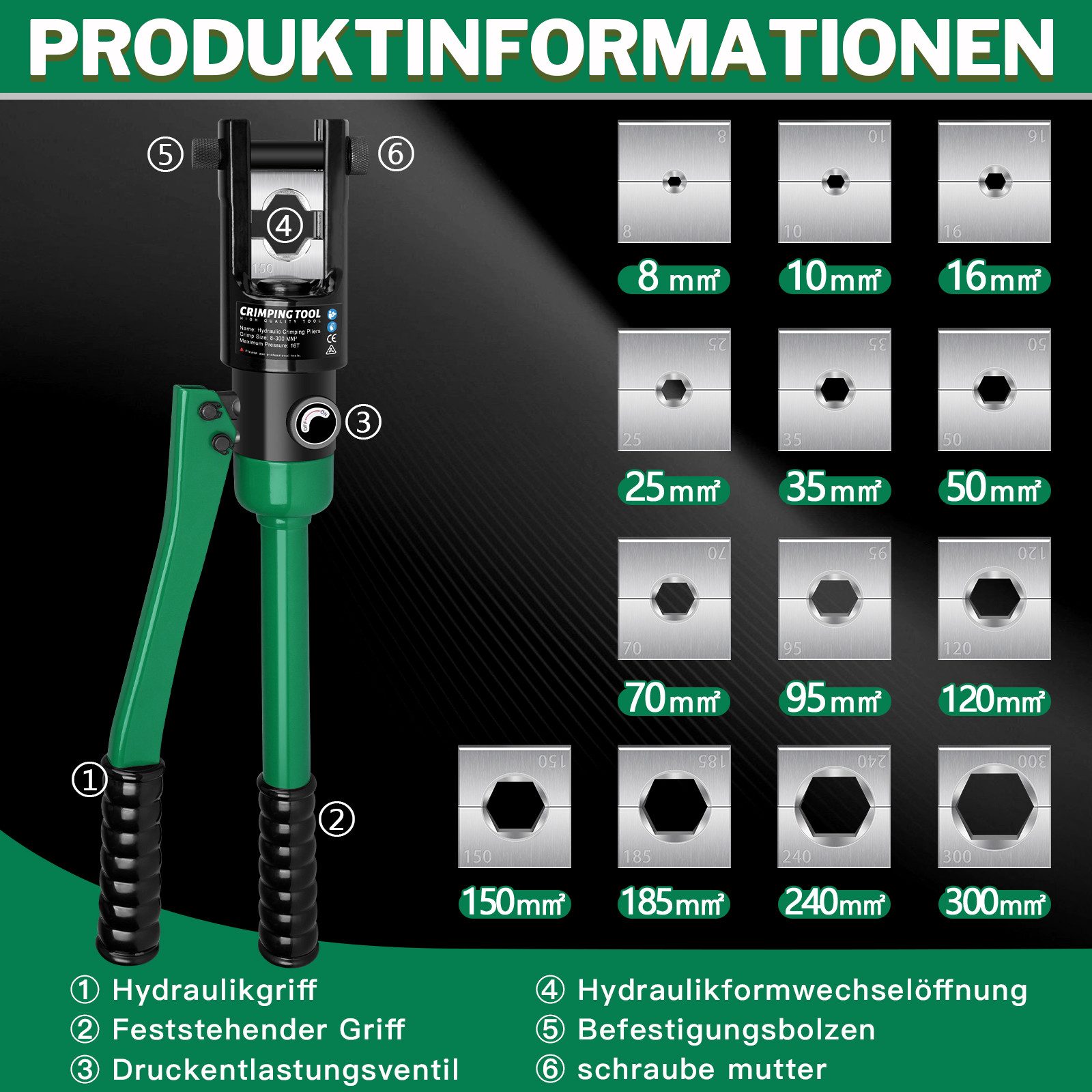 XERSEK Zangenset Hydraulische Presszange 16T Crimpzange 8–300mm² Hydraulikzange Zange, Kabelzange mit Hydraulik inkl. 13 Einsätzen mit Kabelschere, Crimpformen für Kupfer-Aluminium-Kabelschuhe