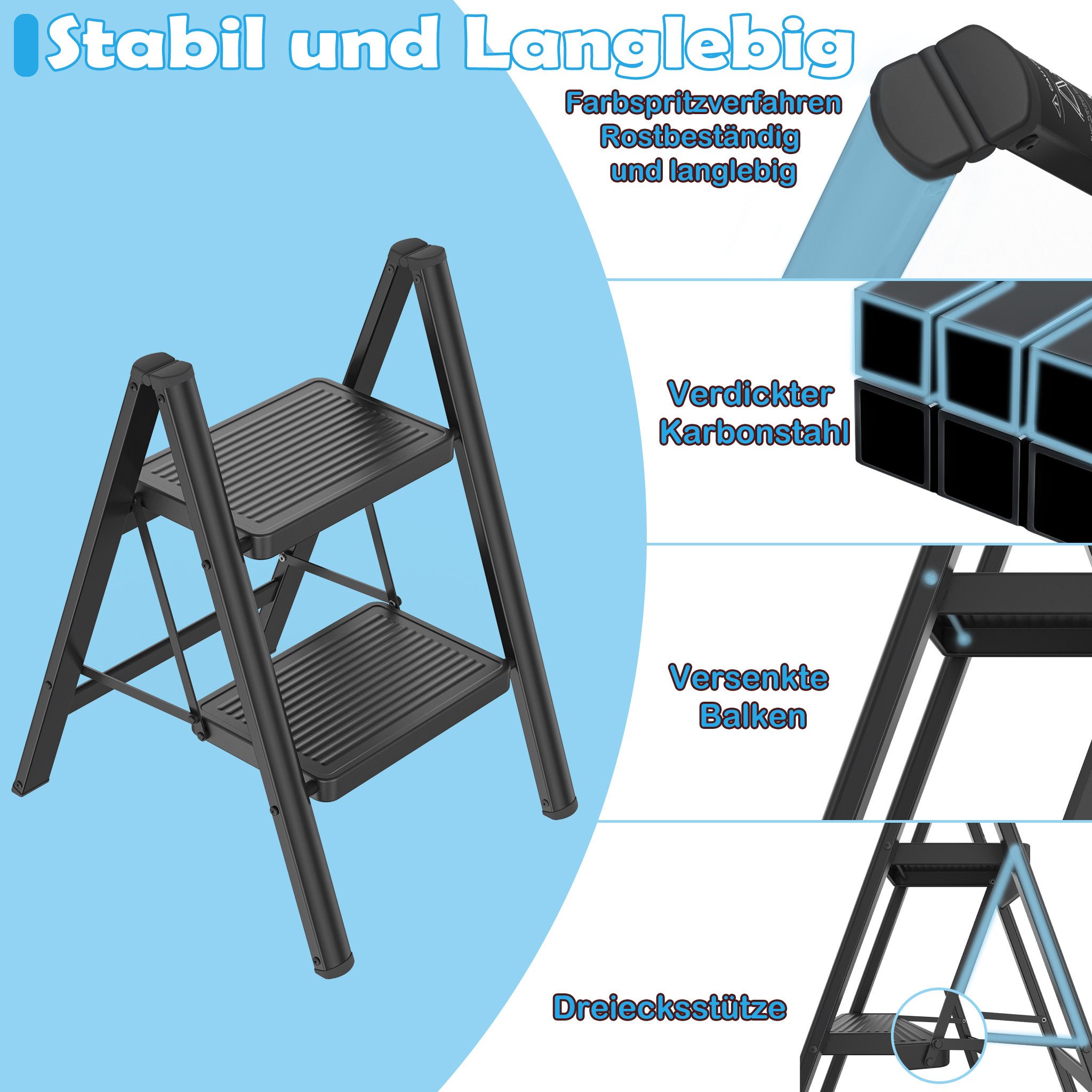 FIVMEN Trittleiter Haushaltsleiter mit breitem Anti-Rutsch-Pedal Schwarz, Multifunktionale Stufenleiter für Haushalt, Büro