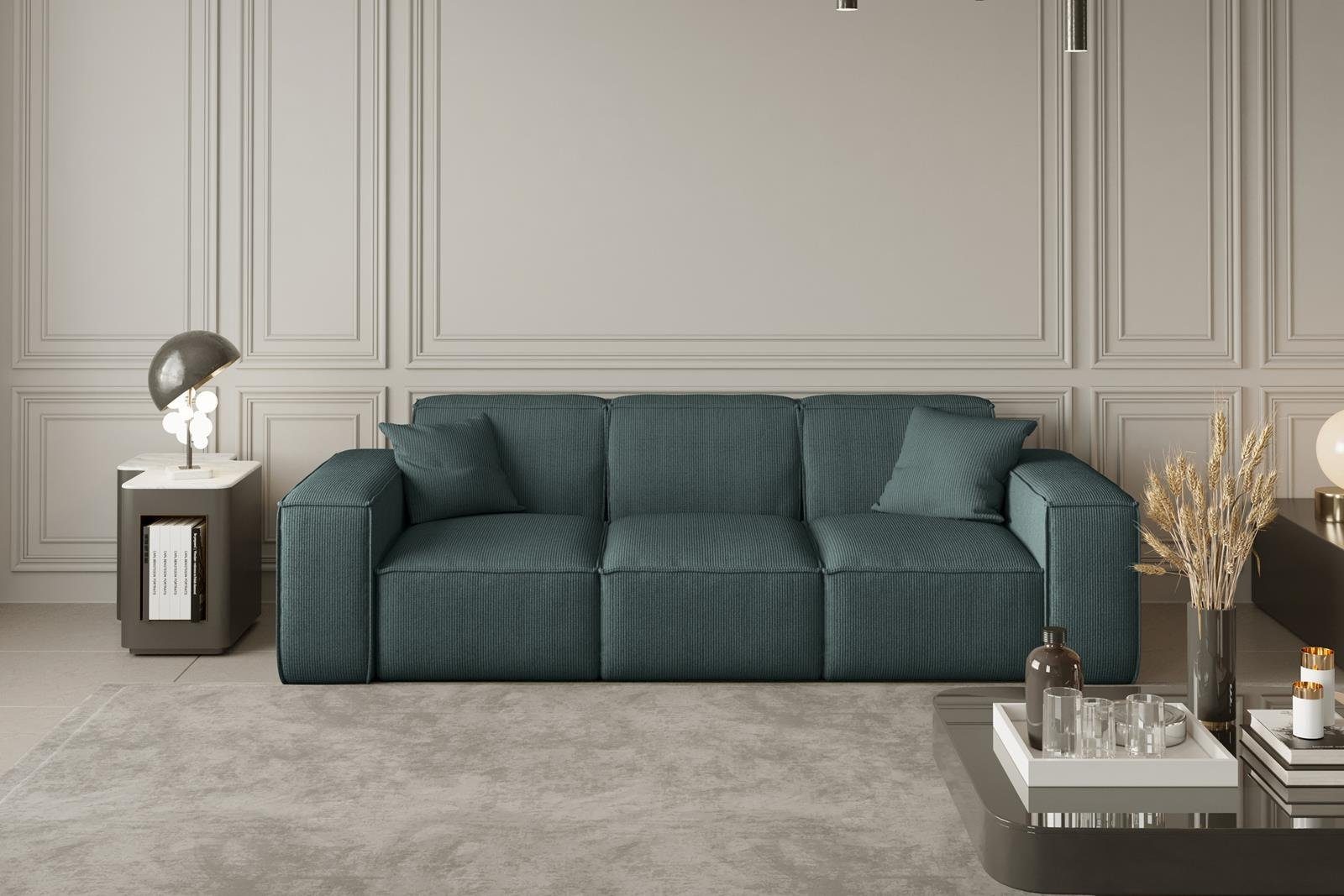 aus Wellenfedern Sofa 3-Sitzer modernes Beautysofa Veloursstoff, Lugano, oder Stil, Dreisitzer Cordstoff im Sofa inklusive