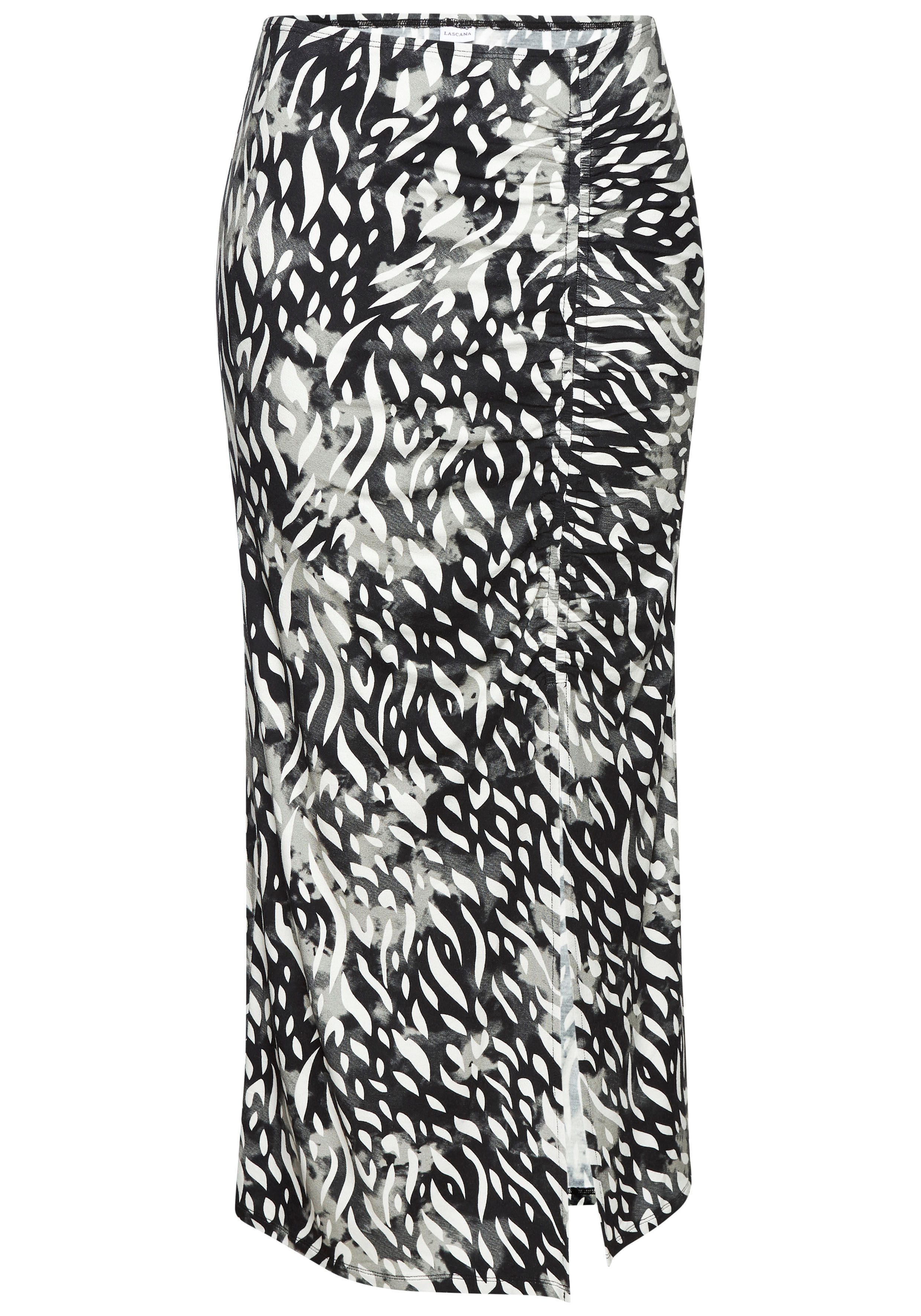 LASCANA Jerseyrock mit seitlicher Raffung und Schlitz, Midirock im Alloverp günstig online kaufen