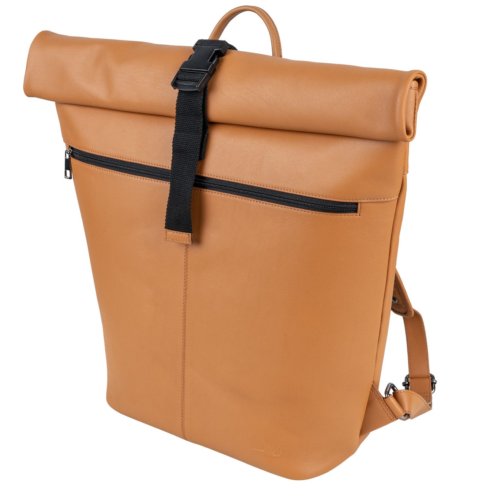 MANTA Laptoprucksack Echtleder Rolltop Backpack, Kurierrucksack, mit 16-Zoll Laptopfach, Echtes Leder