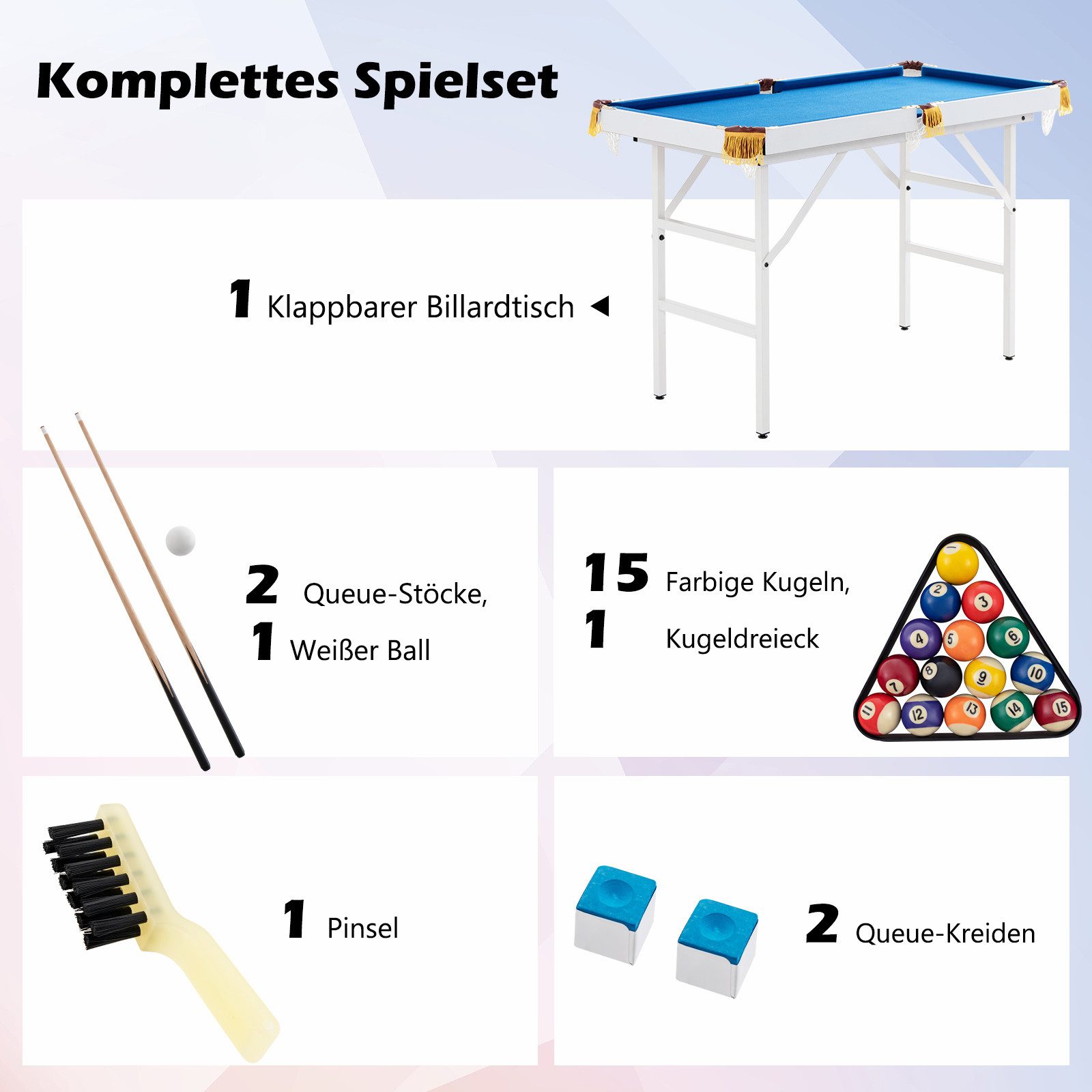 COSTWAY Billardtisch, 122cm klappbar Spieltisch mit 2 Queue, Kugelset