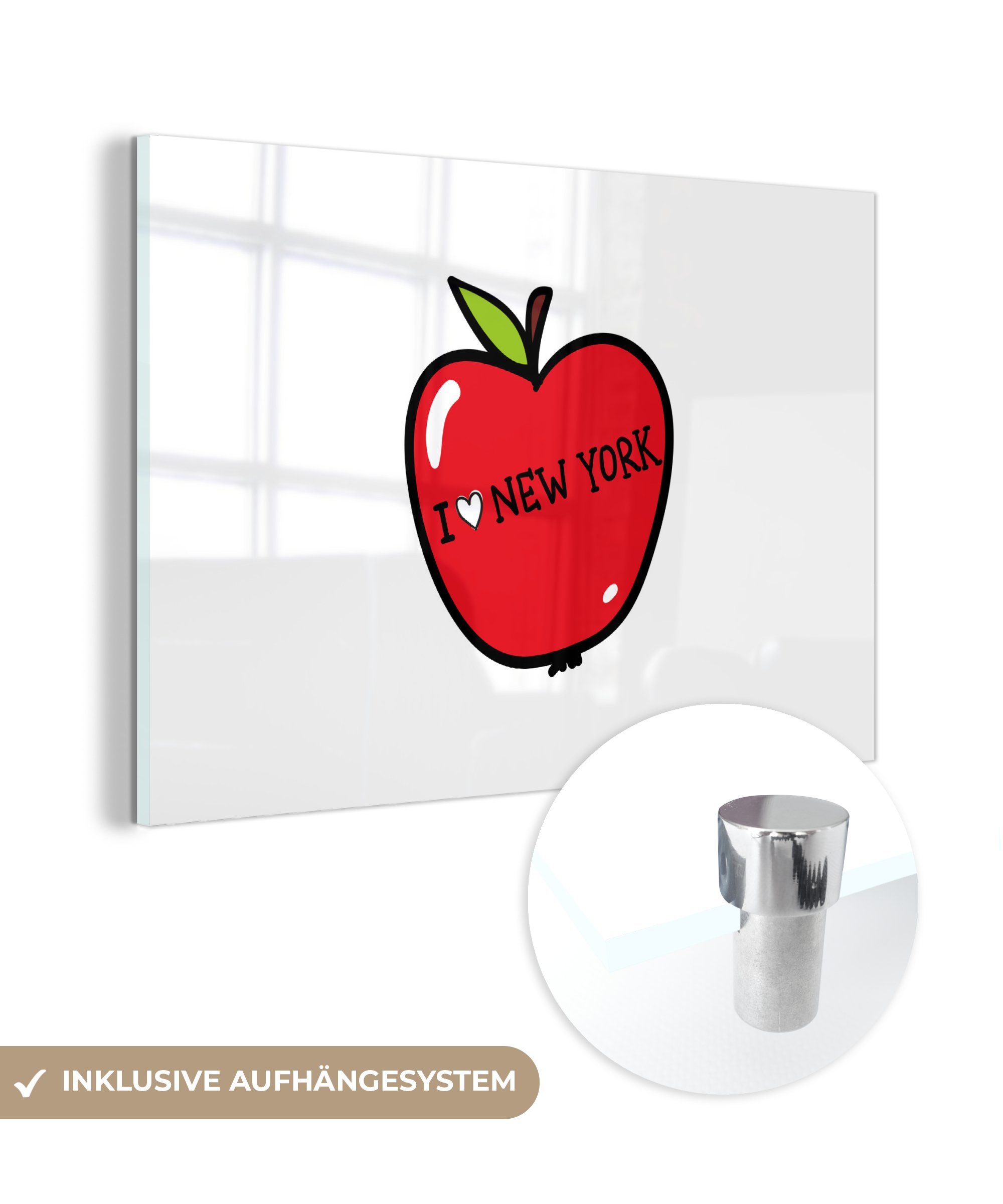 MuchoWow Acrylglasbild New York - Apfel - Rot, (1 St), Acrylglasbilder Wohnzimmer & Schlafzimmer