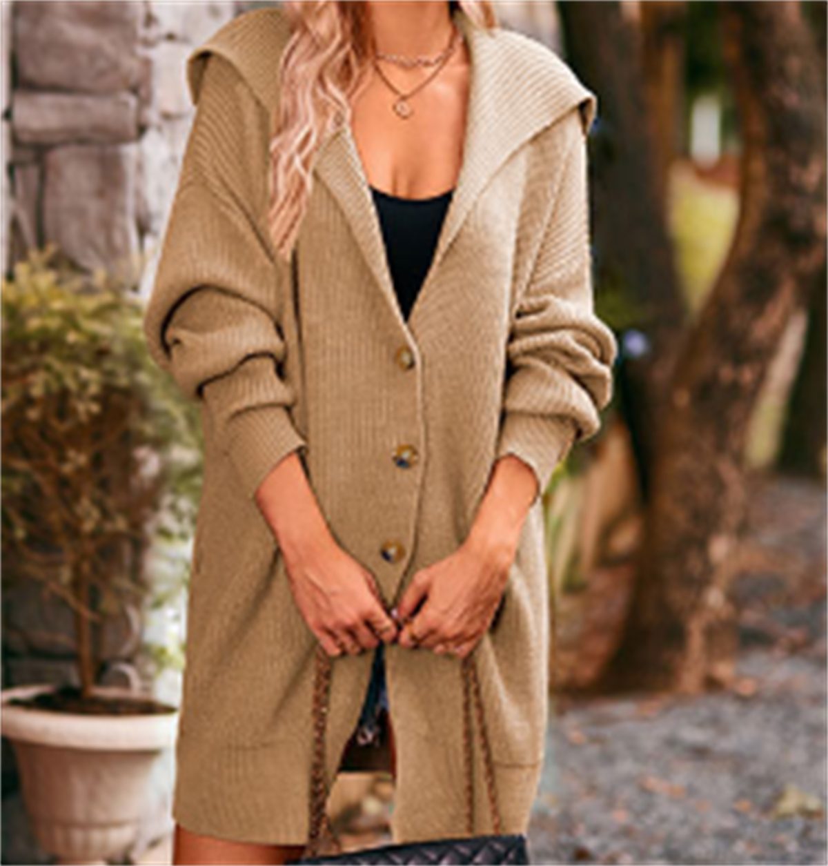 Mittellanger und Cardigan Reverstasche Damen-Cardigan mit carefully Khaki drei Knöpfen selected