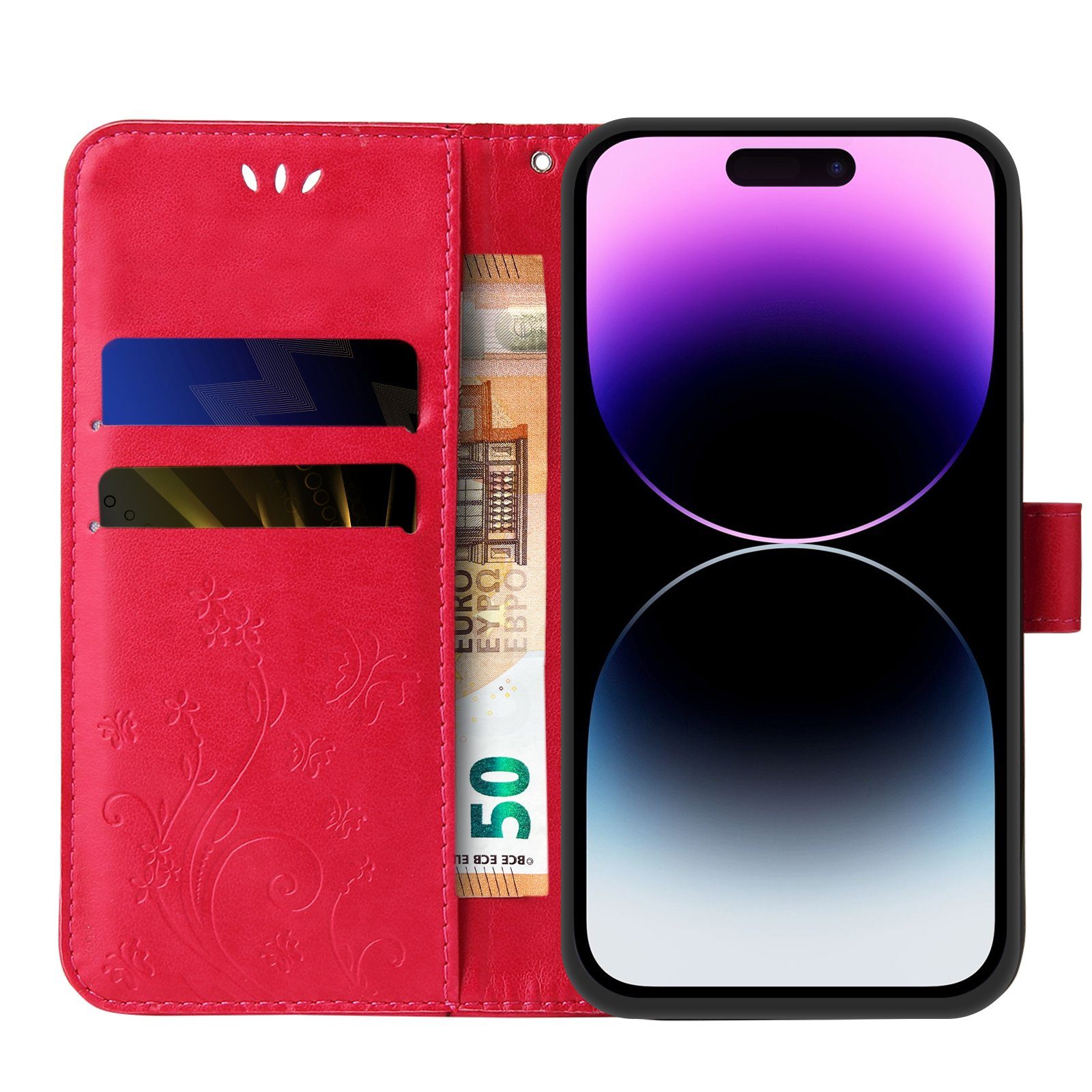 Tec-Expert Handyhülle Cover Tasche Hülle für Apple iPhone 14 Pro 6,1 Zoll, Klapphülle Case mit Kartenfach Fliphülle aufstellbar, Motiv Blumen