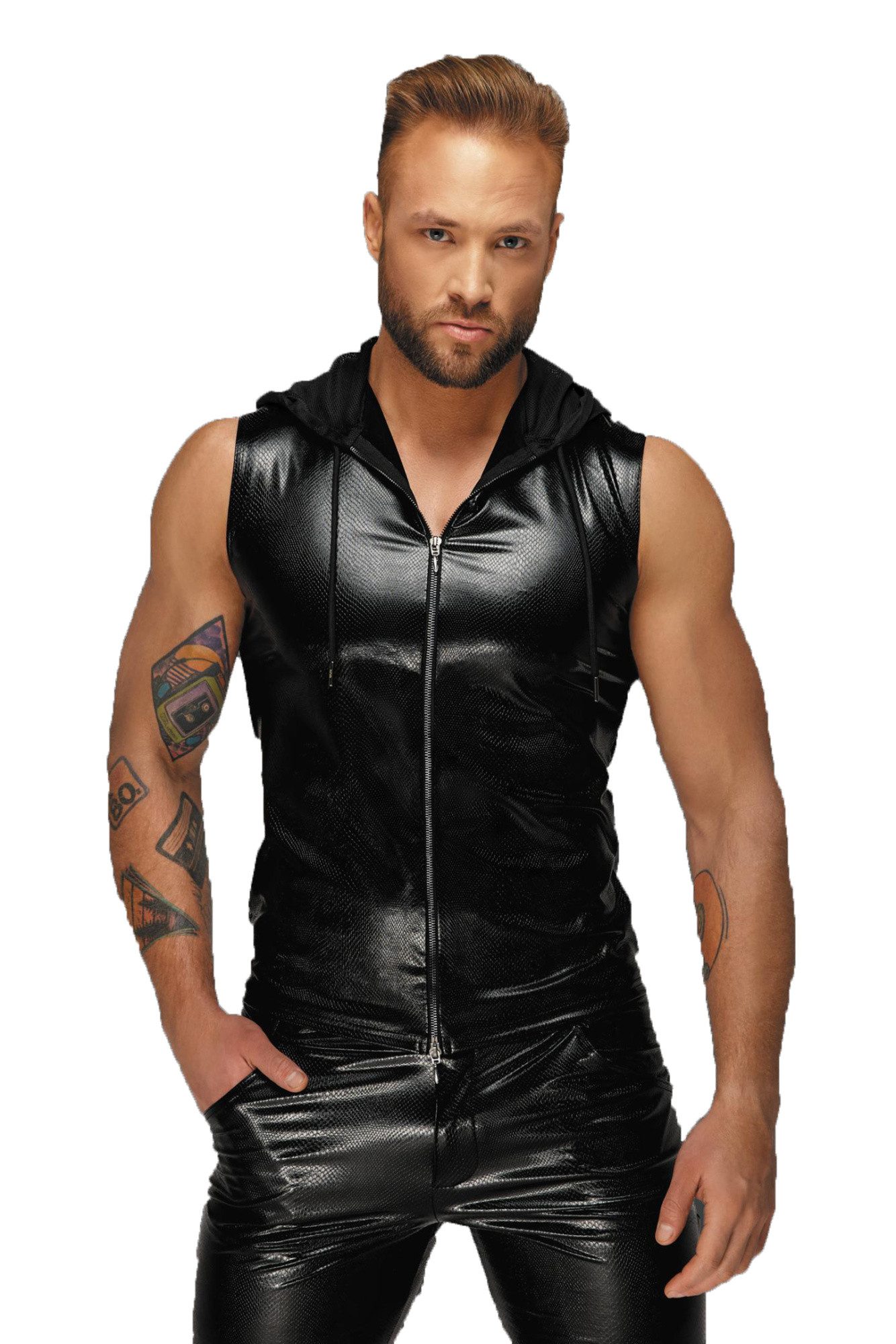 T-Shirt Schwarzes Herren wetlook Kapuzenshirt mit Zwei-Wege Zipper ohne Ärmel