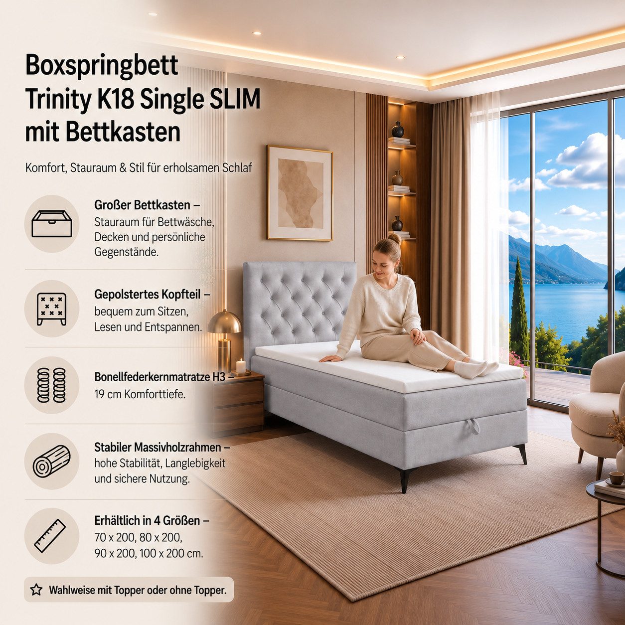 Best for Home Boxspringbett Bett K18 Single SLIM mit Bettkasten und Bonellfederkernmatratze (Einzelbett / Boxspringbett, 1-St., Boxspringbett-Set inklusive Matr – Bild 5 von 5
