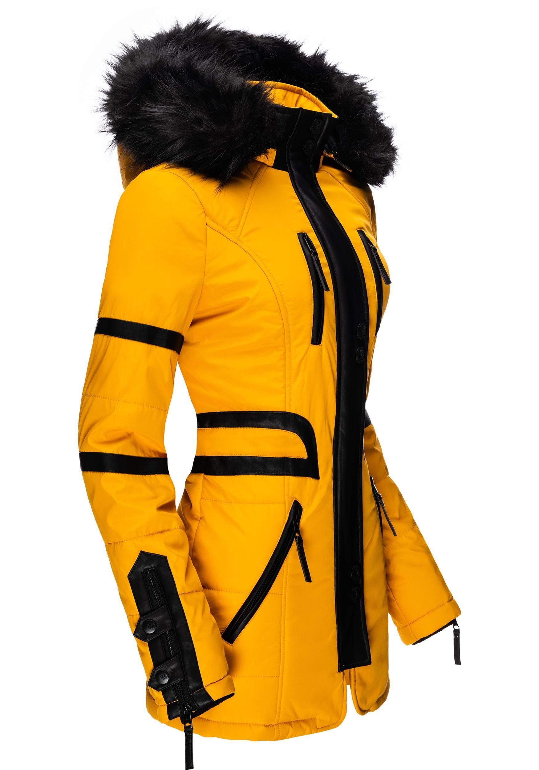 Figurschmeichler Mantel echtem stylischer Moony Wintermantel macht Kapuze, Taillierte Navahoo zu mit Damen Jacke den Form Winter