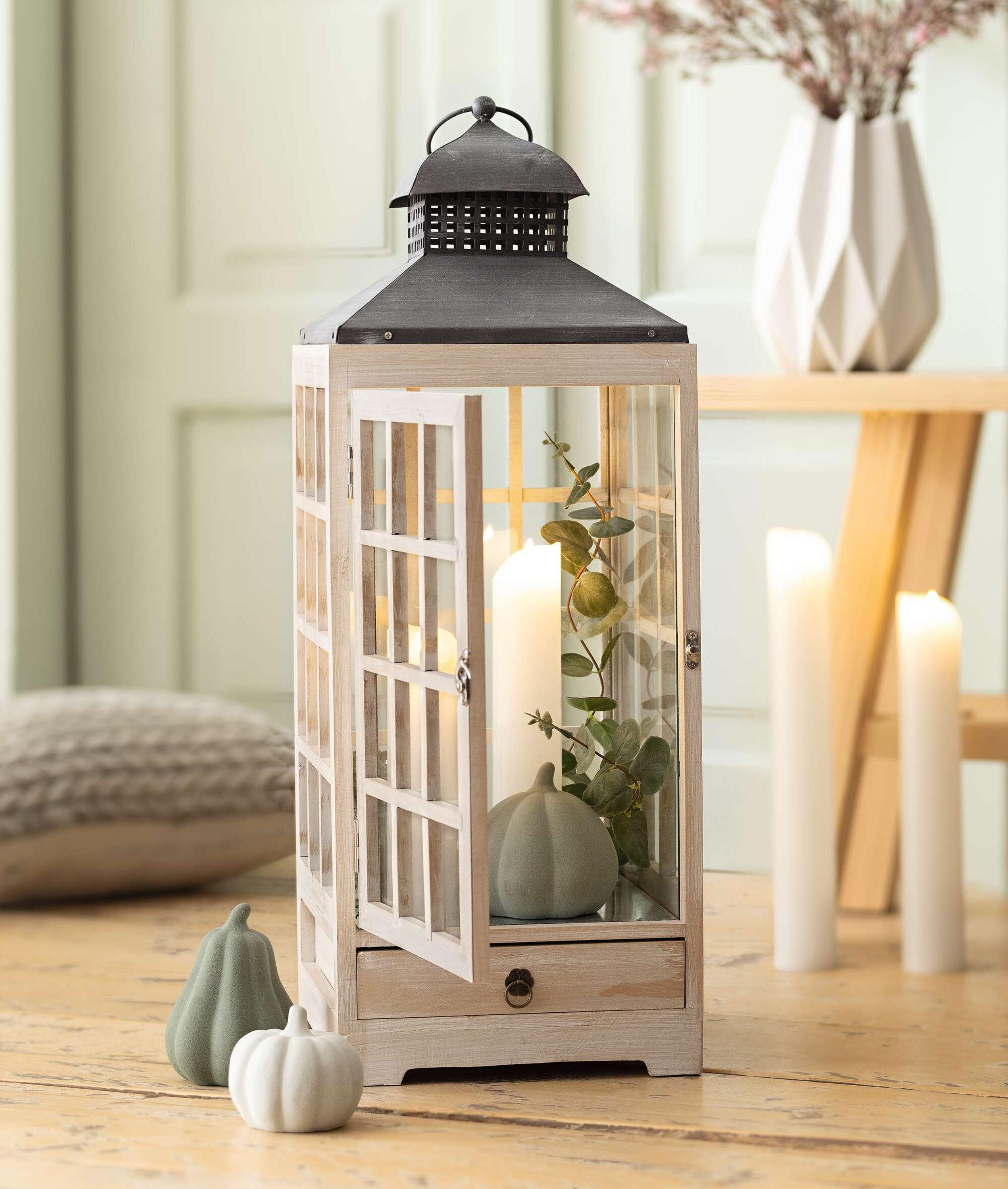 Frank Flechtwaren Windlicht Große Laterne Landhaus Holz weiß 63cm – Windlicht, Holzlaterne, Teelichtglas