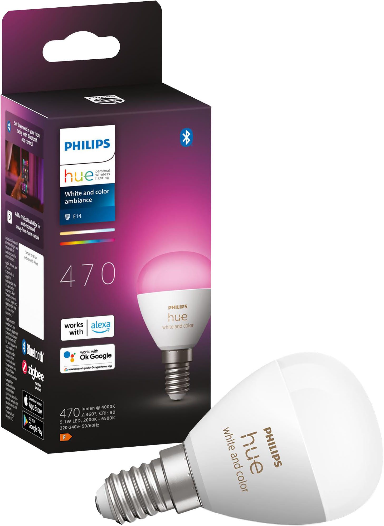 Philips Hue LED-Leuchtmittel White & Color Ambiance Luster, Tropfenform 470lm, E14, 1 St., Farbwechsler