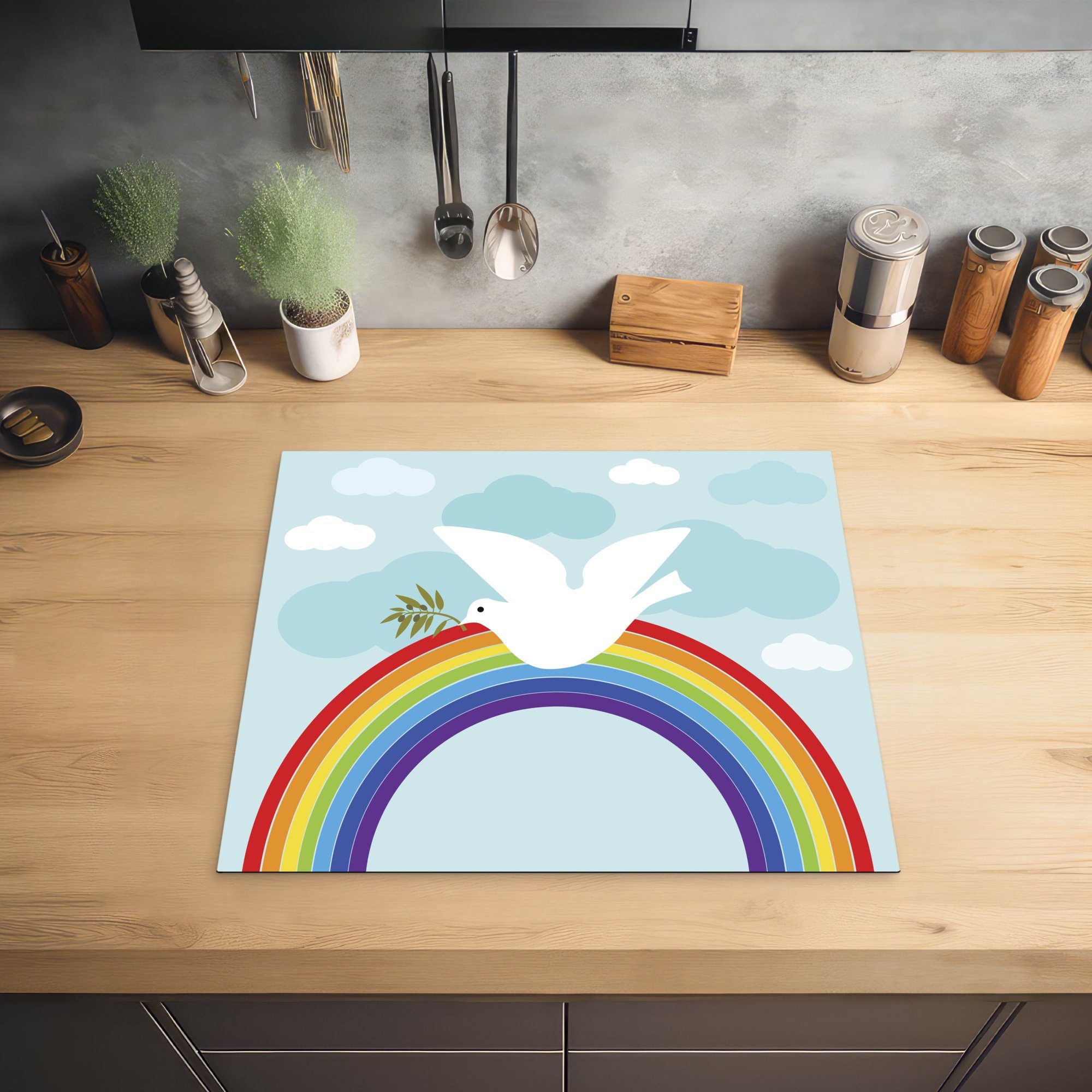 MuchoWow Herdblende-/Abdeckplatte Eine Vinyl, 60x52 nutzbar, Ceranfeldabdeckung Illustration tlg), cm, weißen Regenbogen, Mobile (1 über Taube einer dem Arbeitsfläche