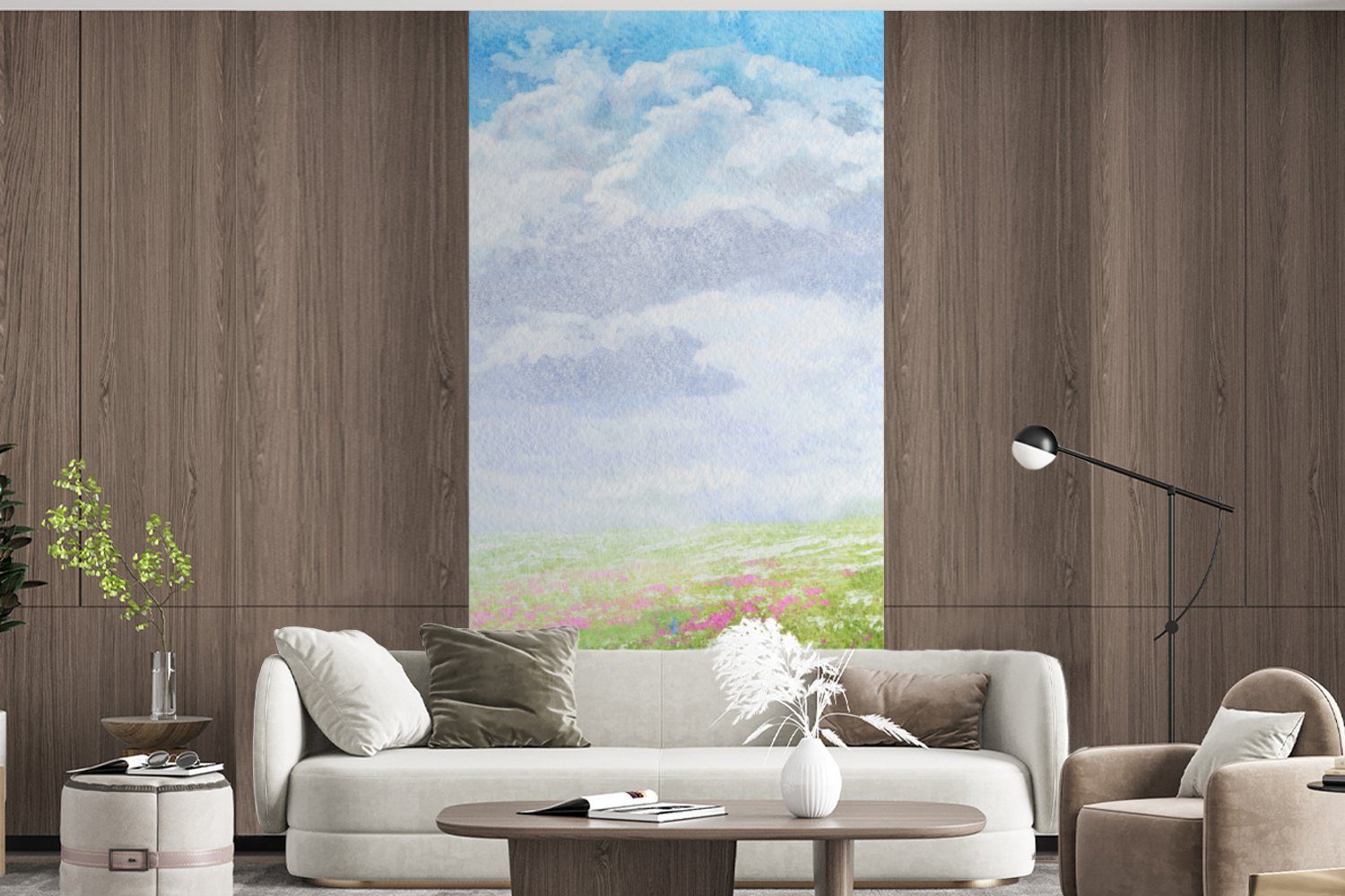 Wohnzimmer - Landschaft, Fototapete Küche, (2 Blumen Fototapete St), für MuchoWow bedruckt, Schlafzimmer - Matt, Vliestapete Aquarell