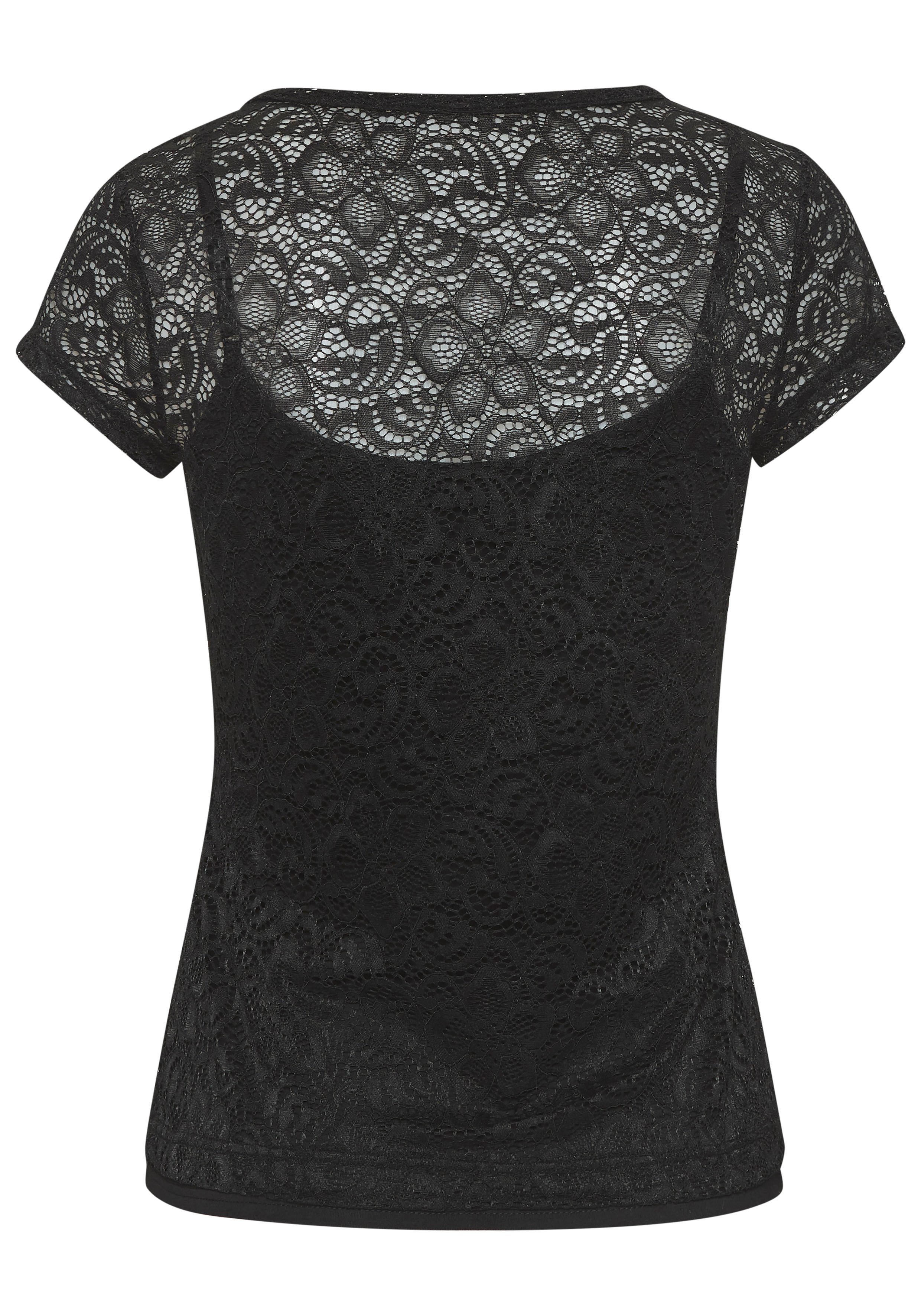 LASCANA Spitzenshirt (Packung, mit Spaghettitop) T-Shirt aus transparenter Spitze mit Blumenmuster, Partyshirt