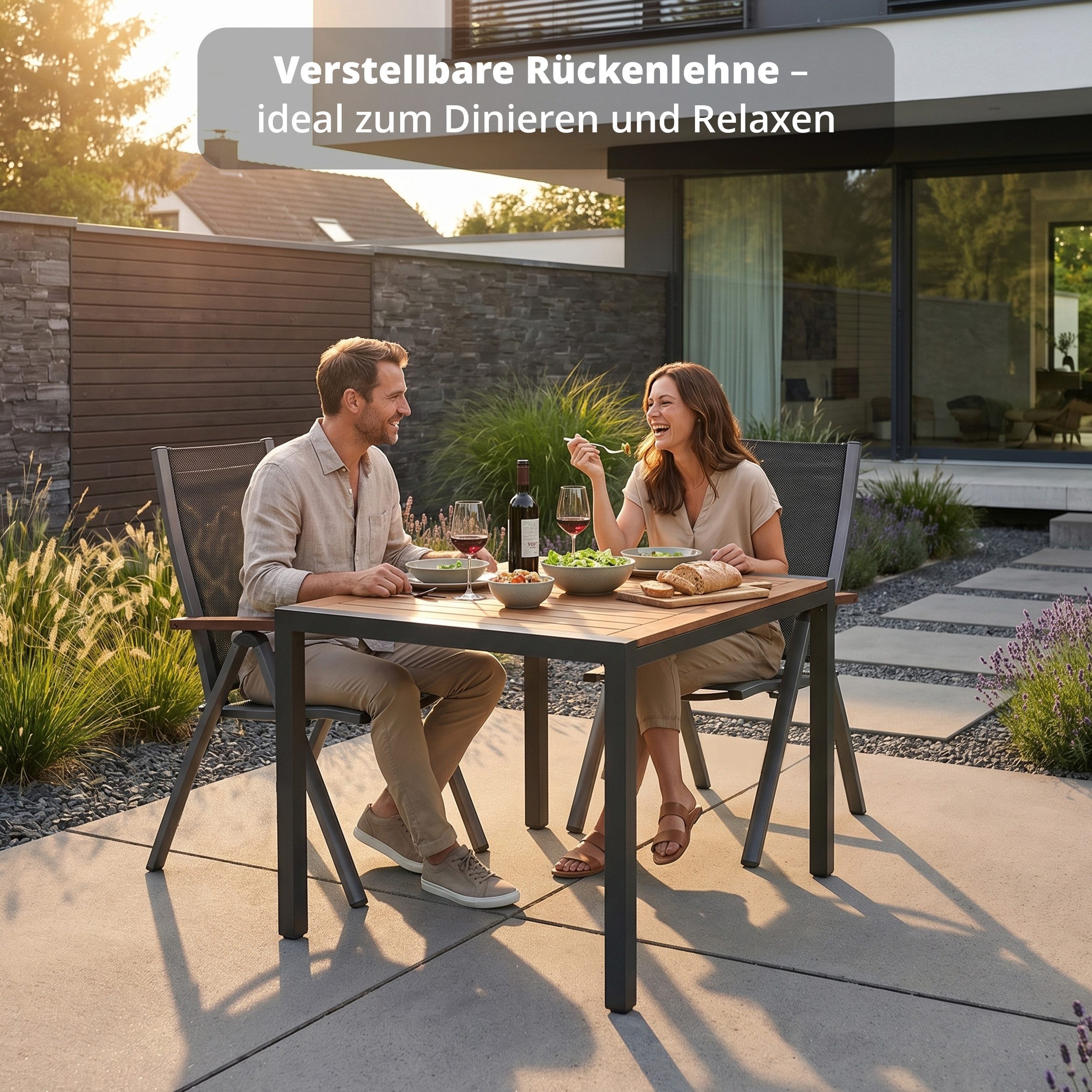 KHG Gartenstuhl Gartenstuhl mit Armlehnen Anthrazit klappbar, bis 120 kg belastbar (Outdoor Klappstuhl mit verstellbarer Rückenlehne), Aluminiumgestell mit Text – Bild 3 von 5