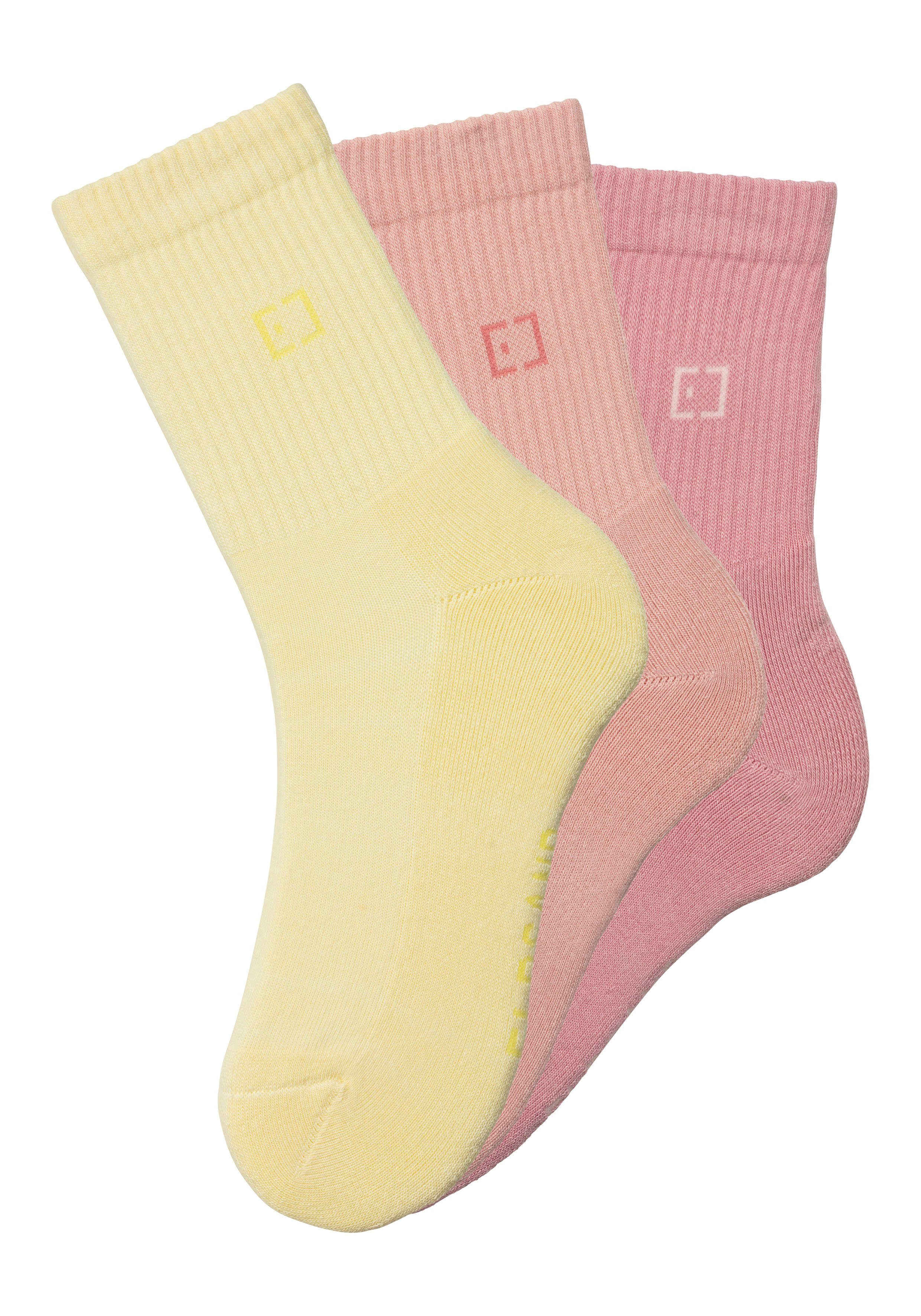 Socken eingestricktem Elbsand Markenlogo rosa, 1x 1x 1x Schriftzug apricot, (3-Paar) mit gelb und