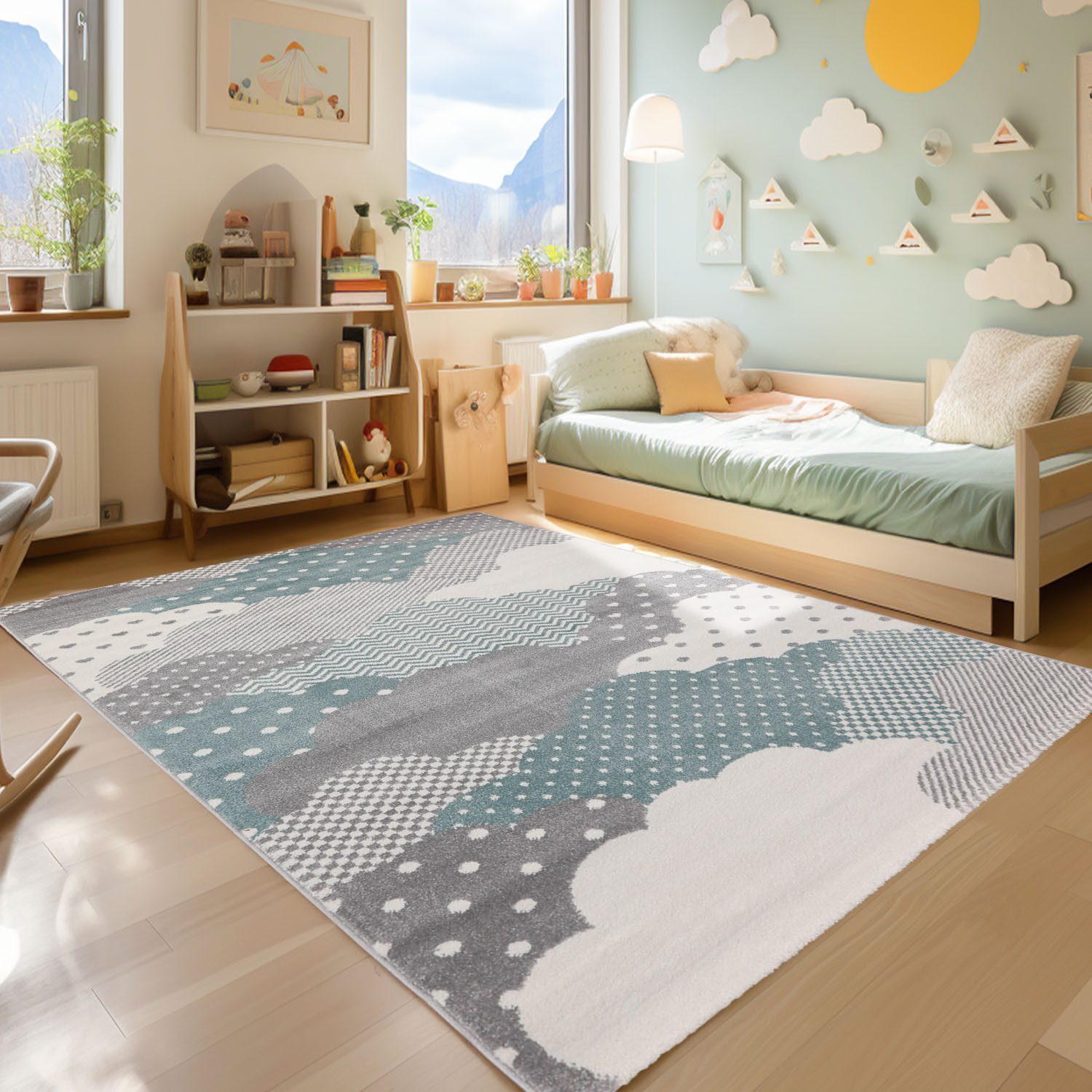 Teppich Wolken Design, SIMPEX24, Läufer, Höhe: 10 mm, Teppich Kinderzimmer Wolke Design Kinder Teppich Blau Babyzimmer