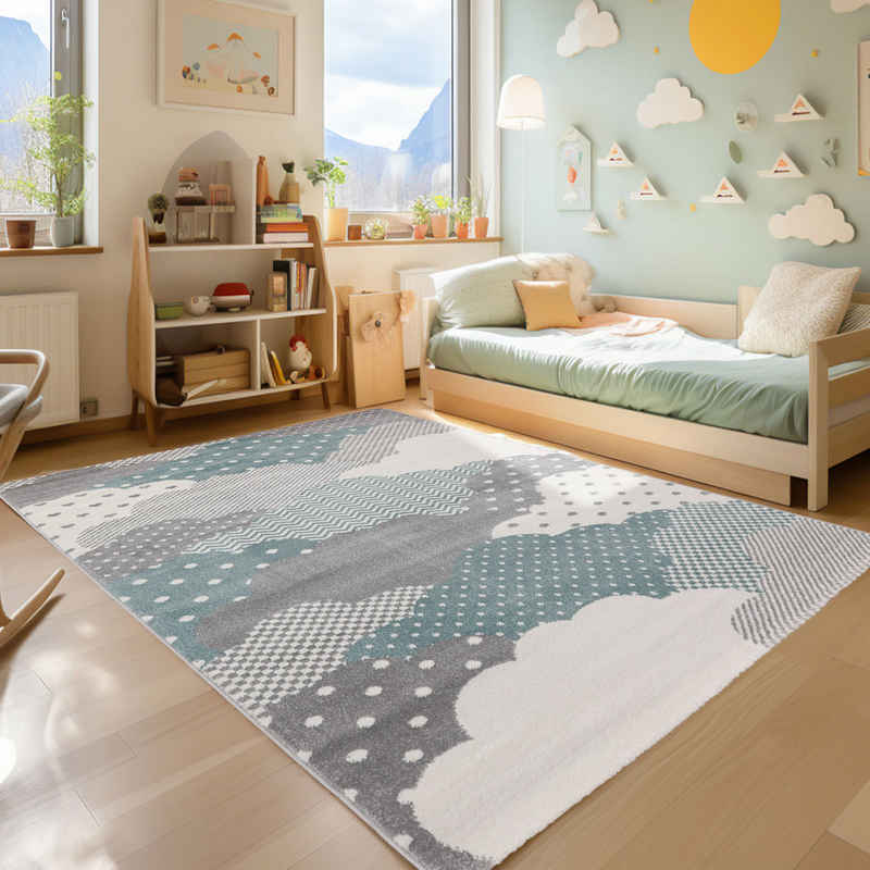Teppich Wolken Design, SIMPEX24, Rechteckig, Höhe: 10 mm, Teppich Kinderzimmer Wolke Design Kinder Teppich Blau Babyzimmer