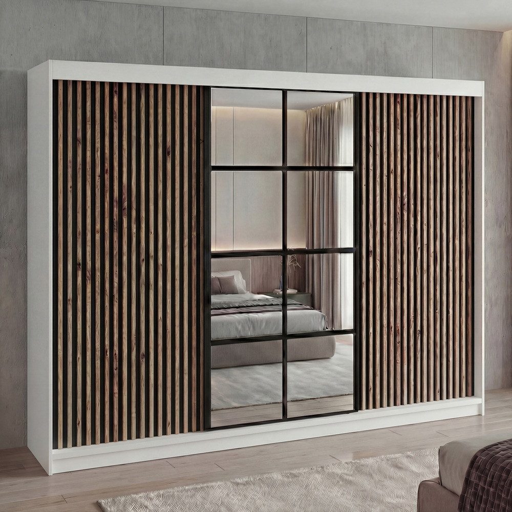 A&J MöbelLand GmbH Schiebetürenschrank NORIVO 200 cm mit 3D-Lamellen und Spiegelfront (TOP ANGEBOT! Geräumiger Schrank mit einer Breite von 200 cm ideal zur Aufbewahrung von Kleidung und Accessoires. Wählen Sie das ideale Modell für Ihr Schlafzimmer!, TOP PRODUKT)