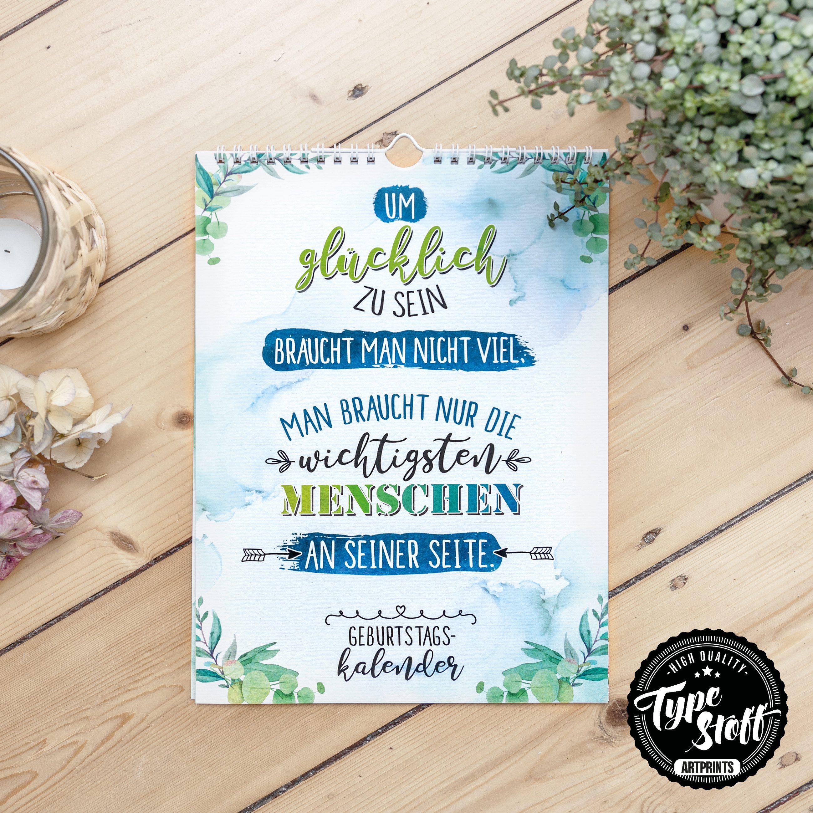 TypeStoff Geburtstagskalender TypeStoff Geburtstagskalender A4 immerwährend Sprüche Spiralbindung, Immerwährendes Kalendarium, Gut beschreibbare Oberfläche