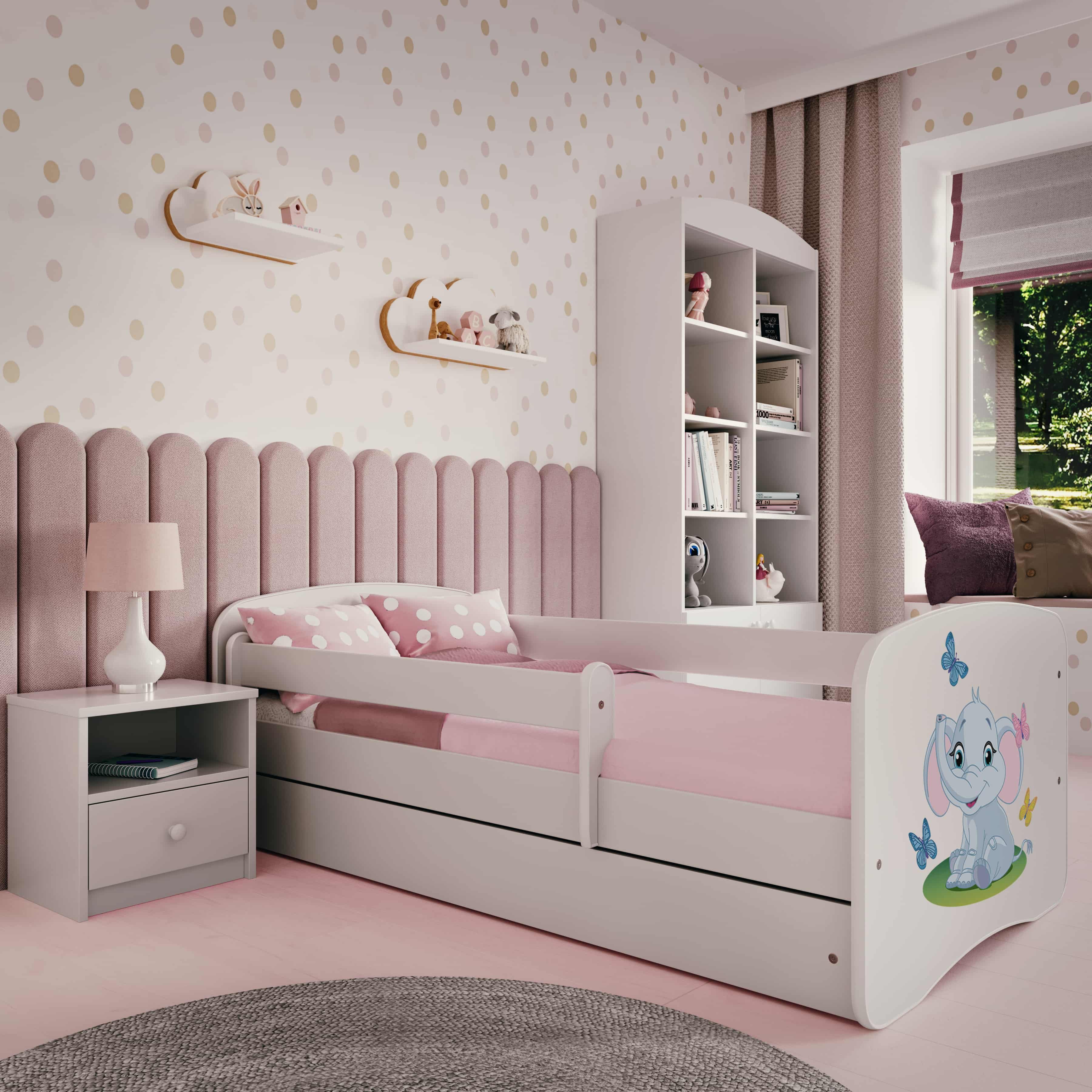 Raumhirsch Furniture Kinderbett 70x140, 80x160, 80x180 cm - Komplettset mit Schublade (Bett für Mädchen, Einzelbett Kinder 2–12, mit Rausfallschutz & Lattenrost), verschiedene Farben & Designs