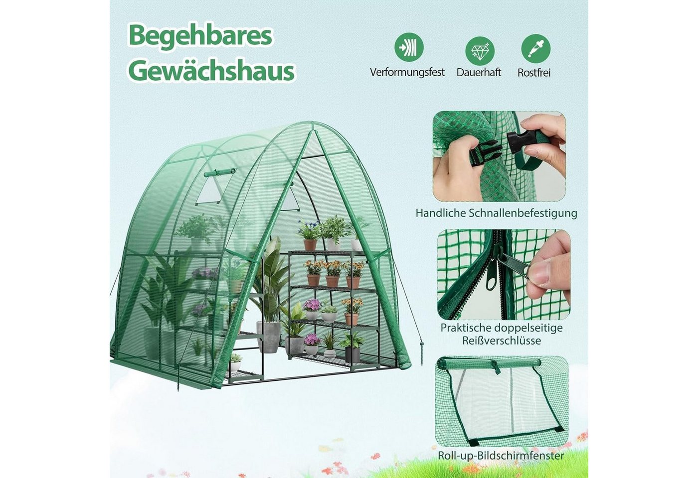Thumbnail - KOMFOTTEU Gewächshaus Treibhaus, mit Aufrollfenster & Aufrolltor