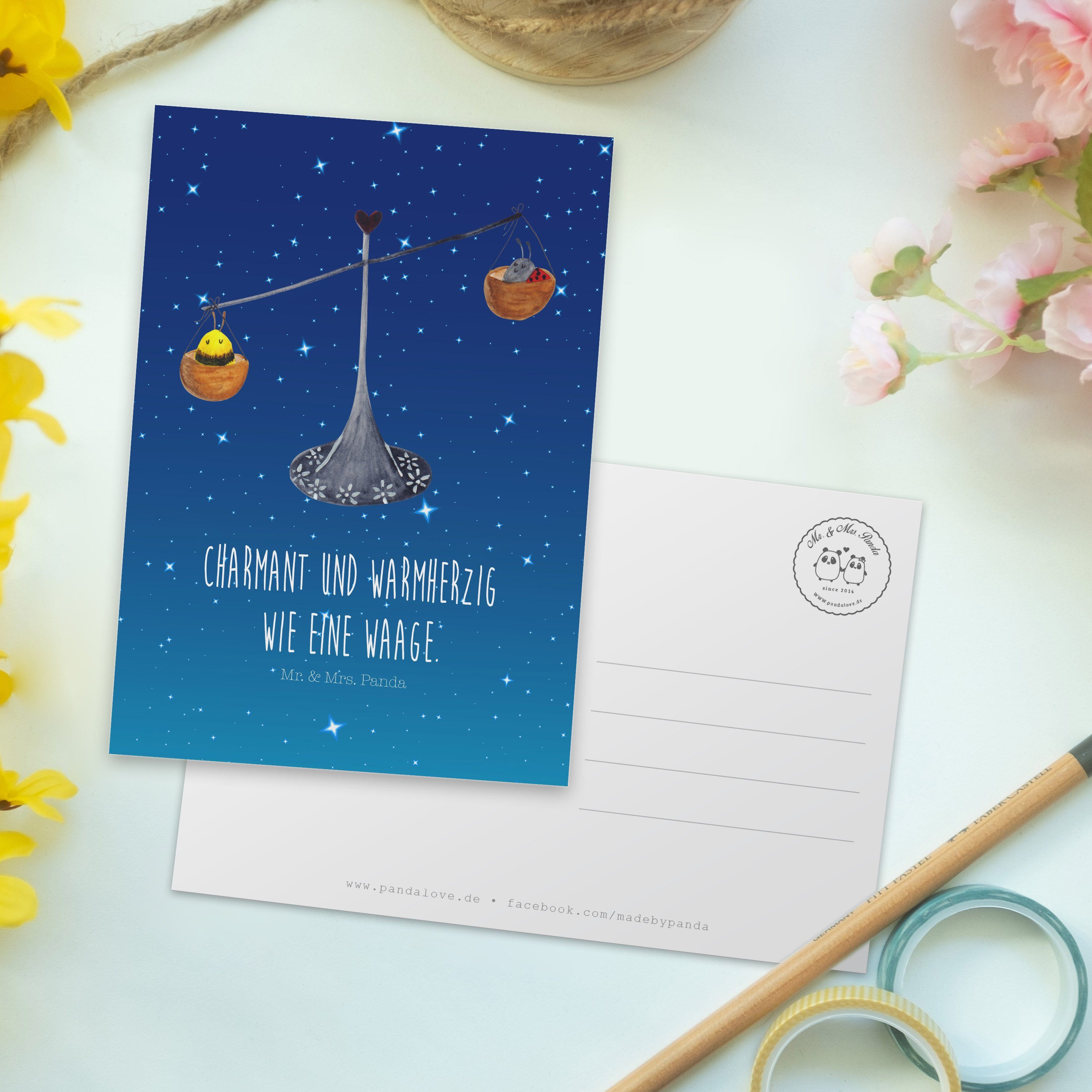 Sternzeichen Mr. Mrs. - Sternenhimmel & Geburtsta Hummel, Panda Blau Geschenk, Waage - Postkarte